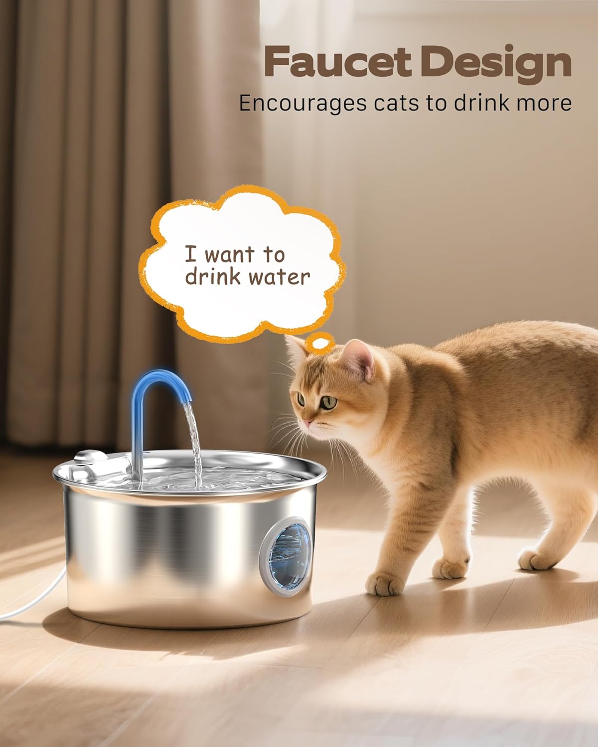 Stainless Steel Cat Water Fountain: Cat Fountain with 6 Filters + 3 Sponges - 88oz/2.6L Pet Water Fountain for Cats Inside - Silent Cats Water Bowl Dispenser - ATMZIQXR Kitty Drinking Fountains - Image 7