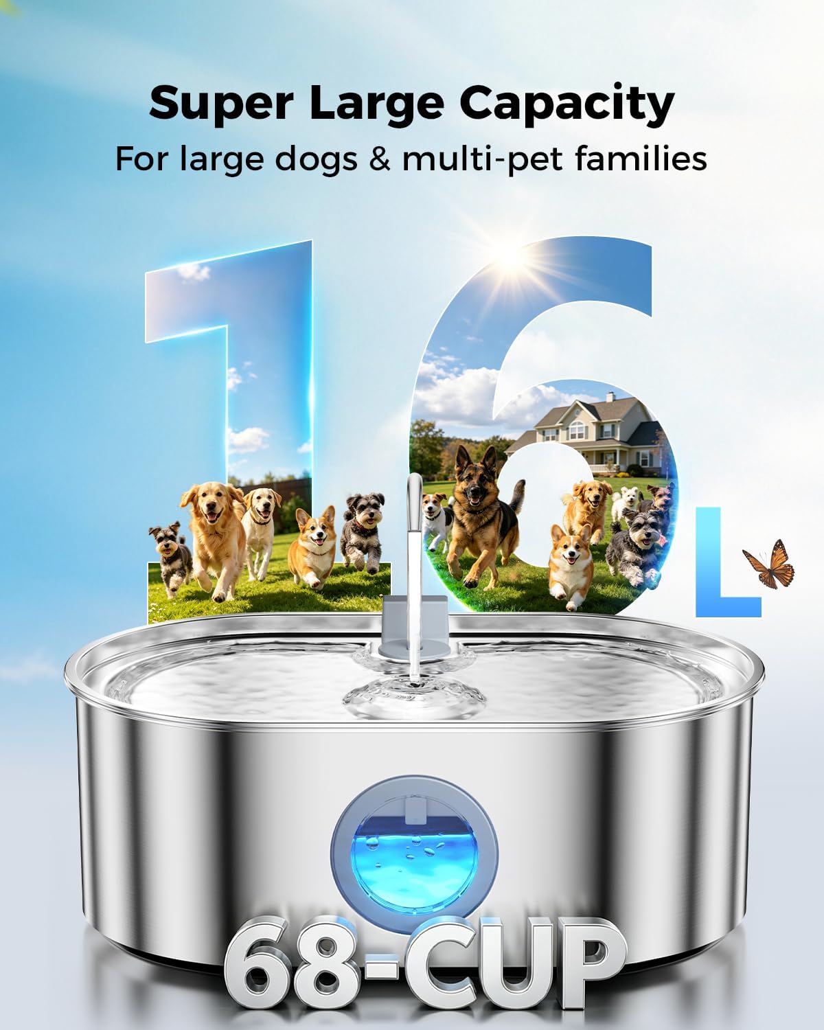 4.2Gal Extra Large Dog Water Fountain, 16L Stainless Steel Pet Water Fountain for Large Dogs, No Spill Dog Water Bowl Dispenser with Deeper Wider Bowl, 68-Cup Water Tank for Multi-Pet(with 7 Filters) - Image 2