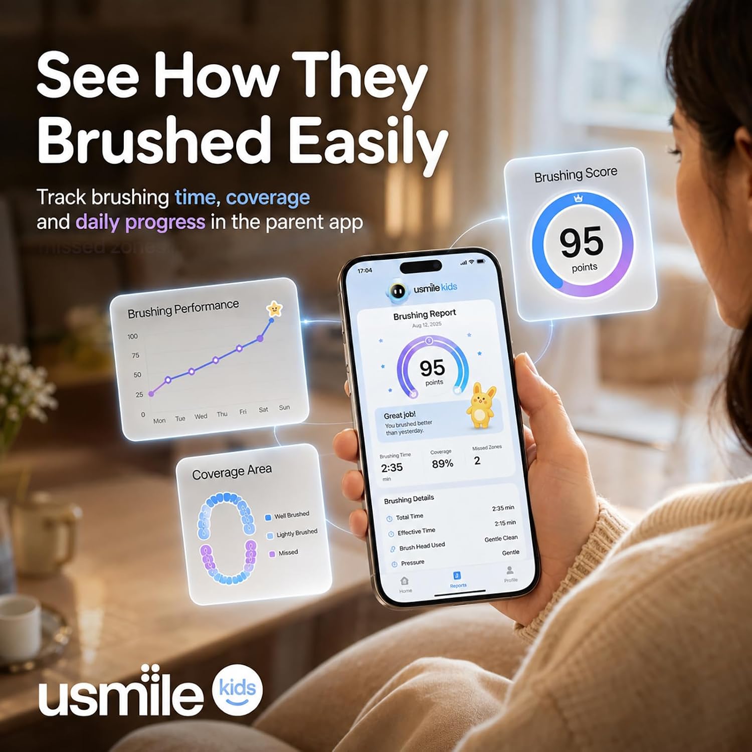 usmile Q30 Kids Smart Toothbrush, Voice-Guided Coaching, Ages 3-8 (Purple) | Missed Spot Alerts, Parent App Reports, AI Voice Guide, Fun Music Timer, Gentle Bristles, 90-Day Battery Life - Image 7