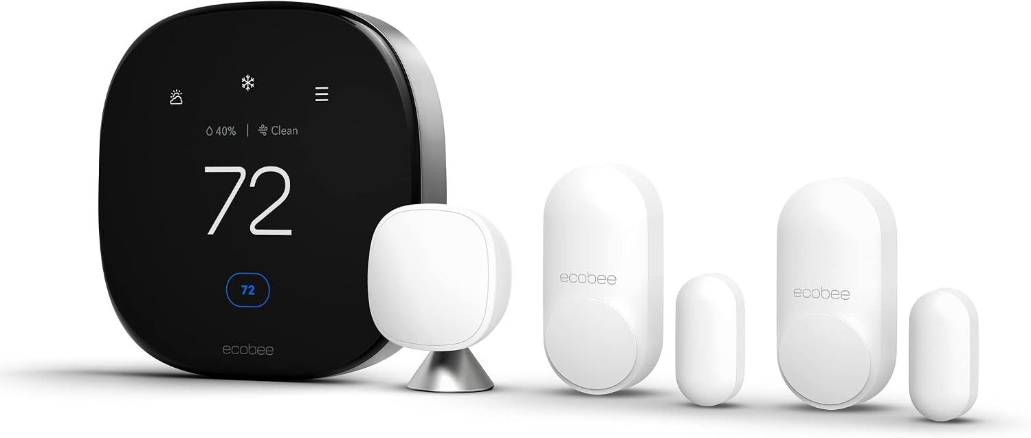 ecobee Comfort and Security Bundle, Smart Thermostat Premium & SmartSensor | Built-in Alexa and Siri, Doorbell live view, Smoke alarm detection, Radar occupancy sensor, open and close notifications