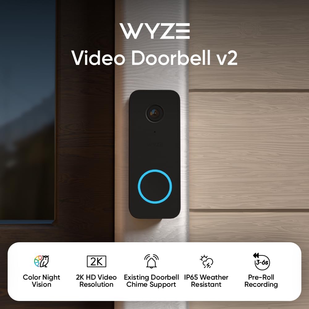 Wyze Video Doorbell v2, Wired, 2K Video, Two-Way Audio, Color Night Vision, Compatible with Alexa & Google Assistant, Black (Renewed) - Image 2