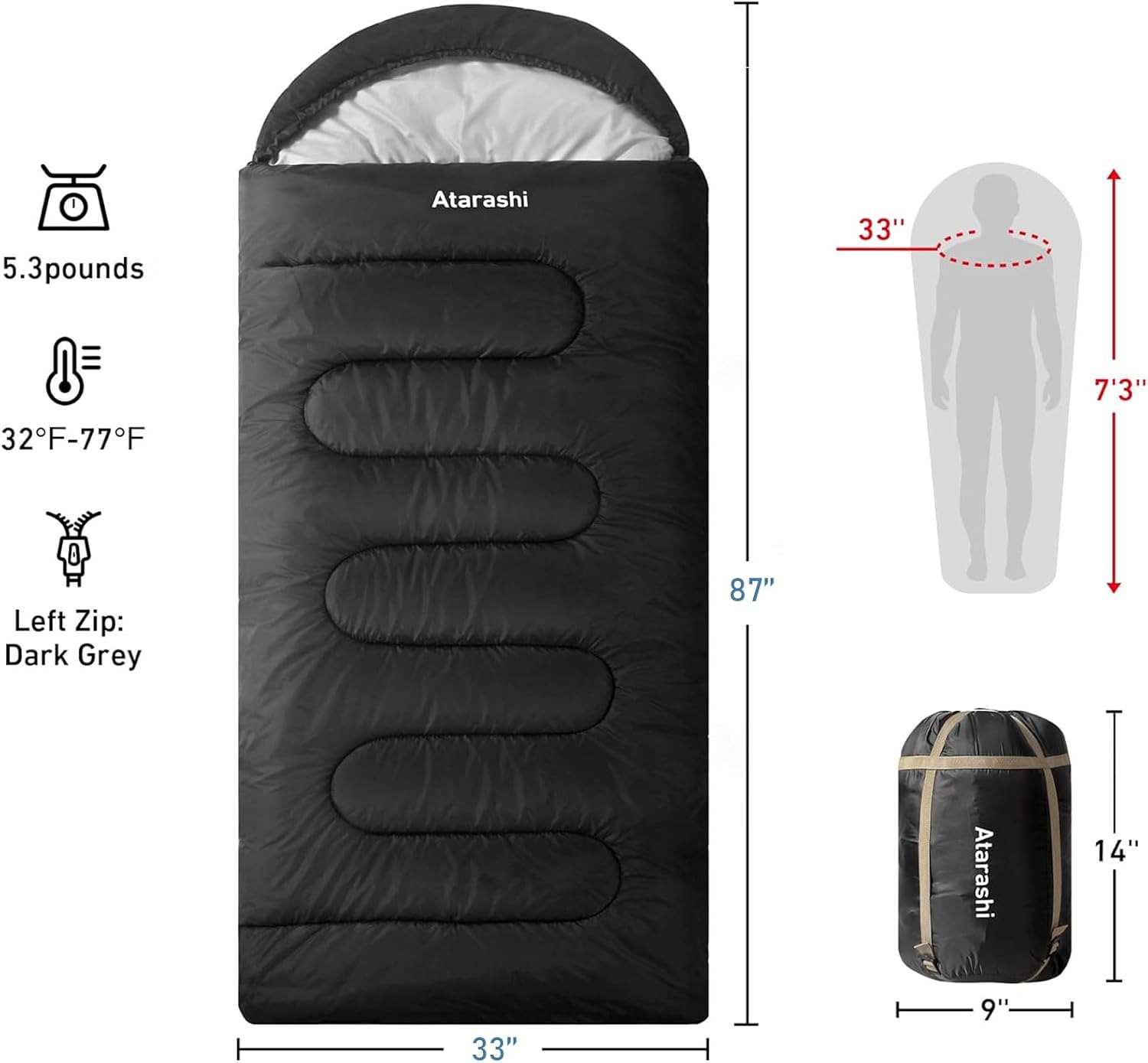 Atarashi Camping Sleeping Bag- 4 Seasons for Adults, Light, Warm, Extra-Large with Compression Sack- Great for Hiking, Backpacking & Outdoor Adventures - Image 2