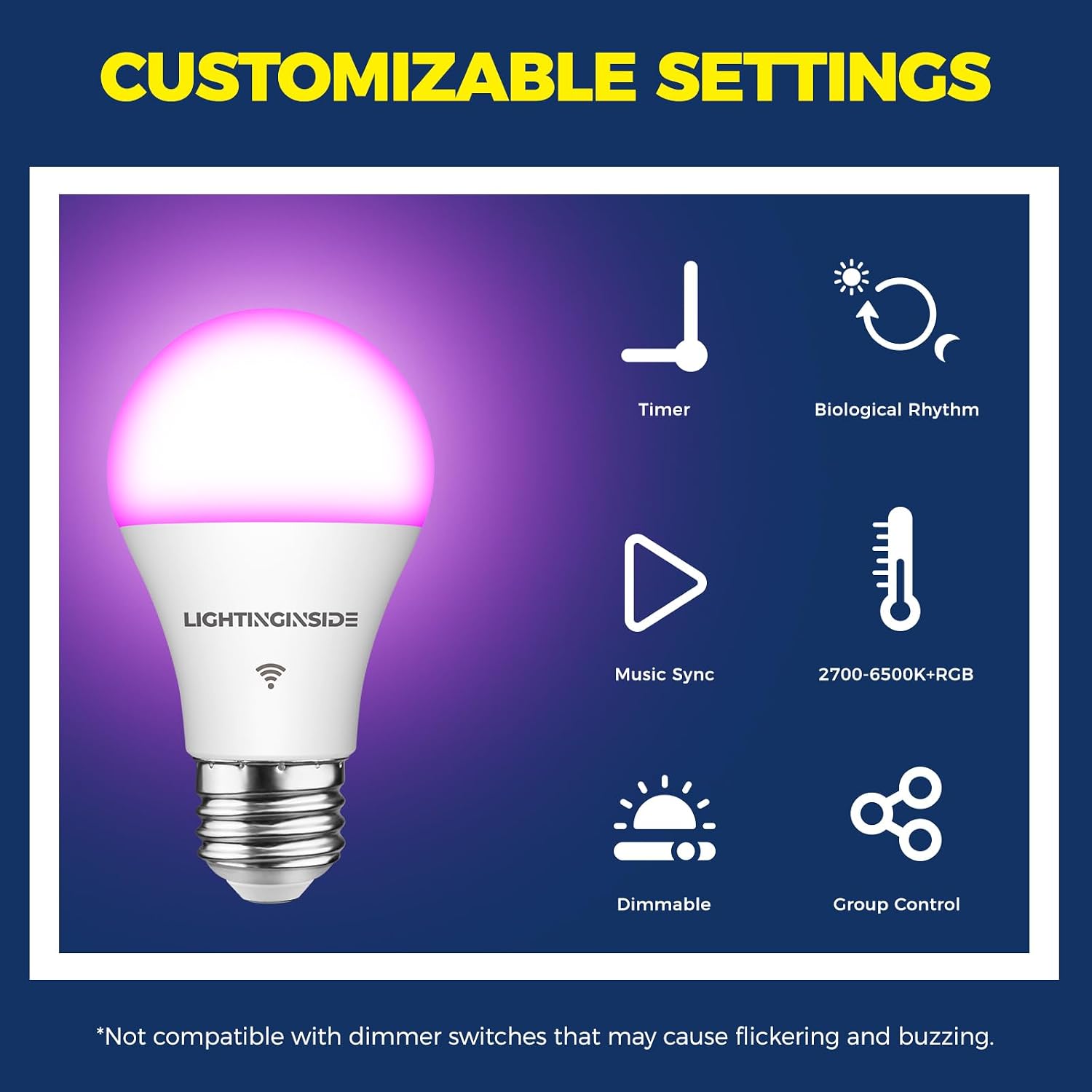 Lightinginside Smart Light Bulb Work with Alexa/Google Home/SmartLife, 4PCS | CRI>90, No Hub Required, 60W RGBCW Color Changing Light Bulbs, 800LM 9W Smart Bulb, 2.4G WiFi & BLE A19 E26 Bulb, ETL Listed - Image 6