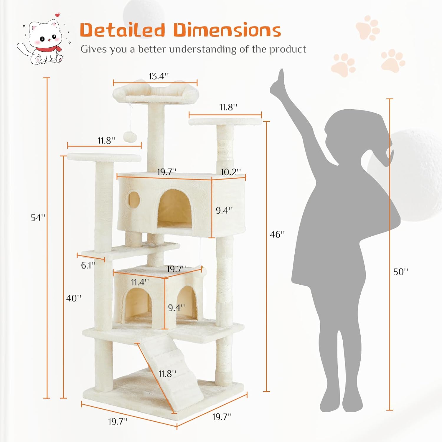 Sweetcrispy 54-inch Cat Tree Tower with Scratching Posts, Indoor Use | Multi-Level Indoor Cat Tree Condo with Climbing Ladder, Plush Toy, Play House for Kitten, Beige - Image 3