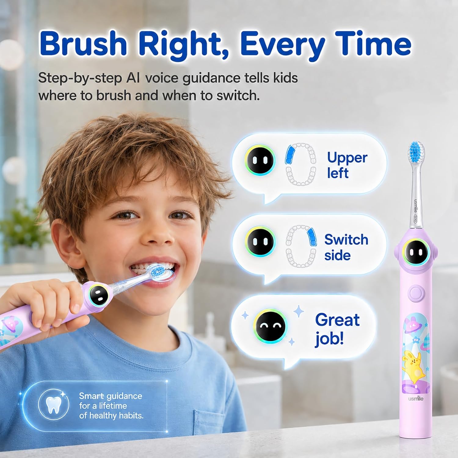 usmile Q30 Kids Smart Toothbrush, Voice-Guided Coaching, Ages 3-8 (Purple) | Missed Spot Alerts, Parent App Reports, AI Voice Guide, Fun Music Timer, Gentle Bristles, 90-Day Battery Life - Image 3