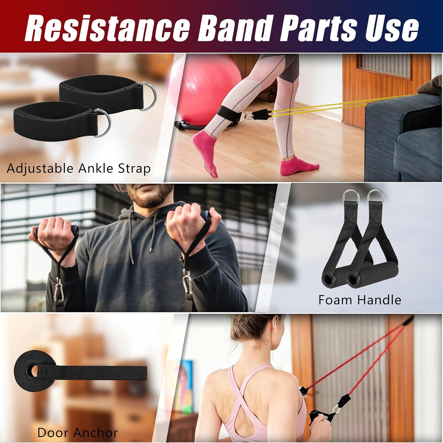 Resistance Bands with Handles, 5-Level Exercise Bands with Handles | Resistance Bands for Men and Women, Exercise Bands for Full-Body Training, Fitness, Physical Therapy, Workout Bands at Home; - Image 4