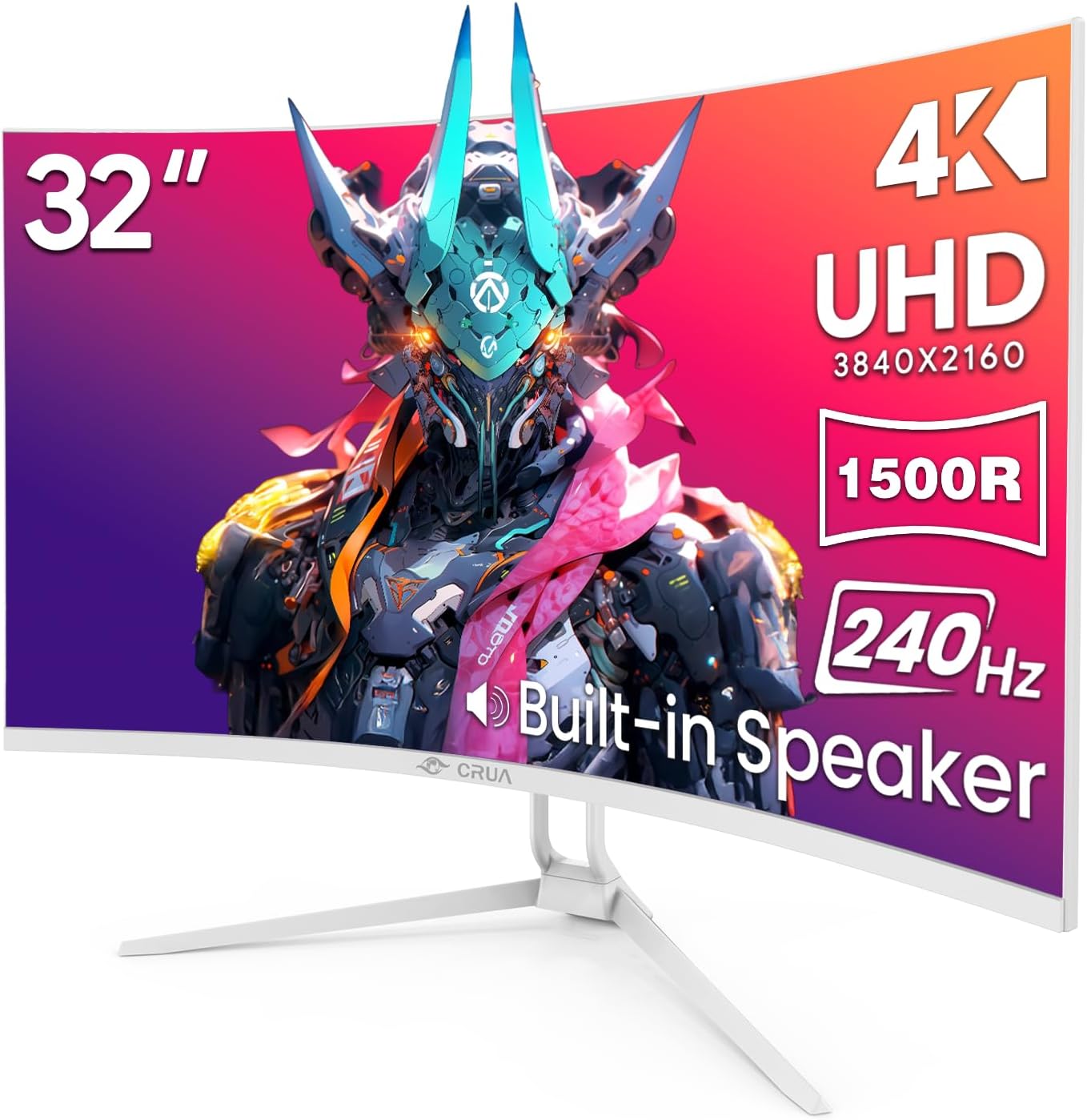 CRUA 32" 4K 240Hz Curved Gaming Monitor, 1500R, FreeSync, Speakers, White | UHD 3840x2160 16:9 VA, 120%sRGB, HDMI2.1/DP1.4, 75x75mm Wall Mount for PC Gaming, Movies, Streaming, Editing and Multitasking