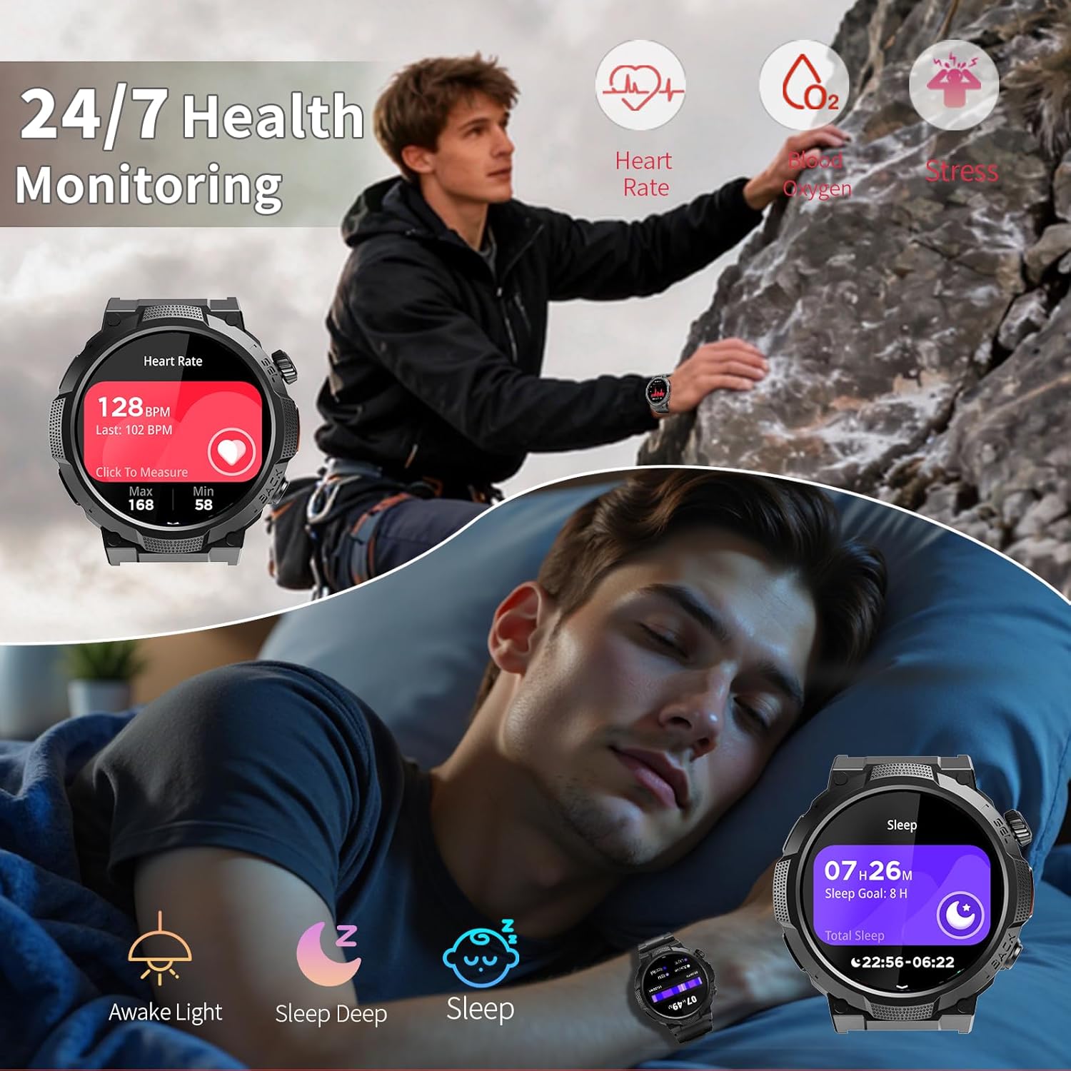 Soudorv Military Smart Watch for Men, 50+ Day Battery Life, Bluetooth Call | 1.53" HD, 110+ sports modes, heart rate/sleep monitor, IP68 waterproof, Fitness Watch with LED Flashlight for iOS/Android - Image 5
