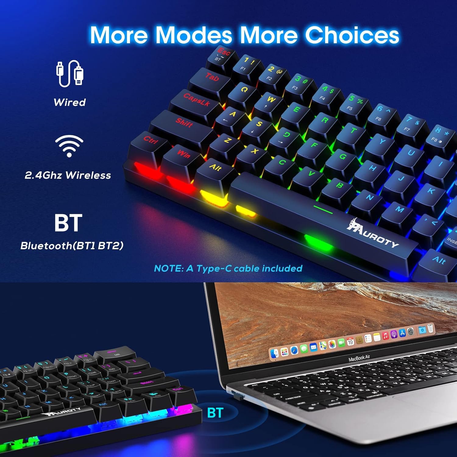 60% Wireless Mechanical Gaming Keyboard, Clicky Blue Switch RGB Backlit - Image 2