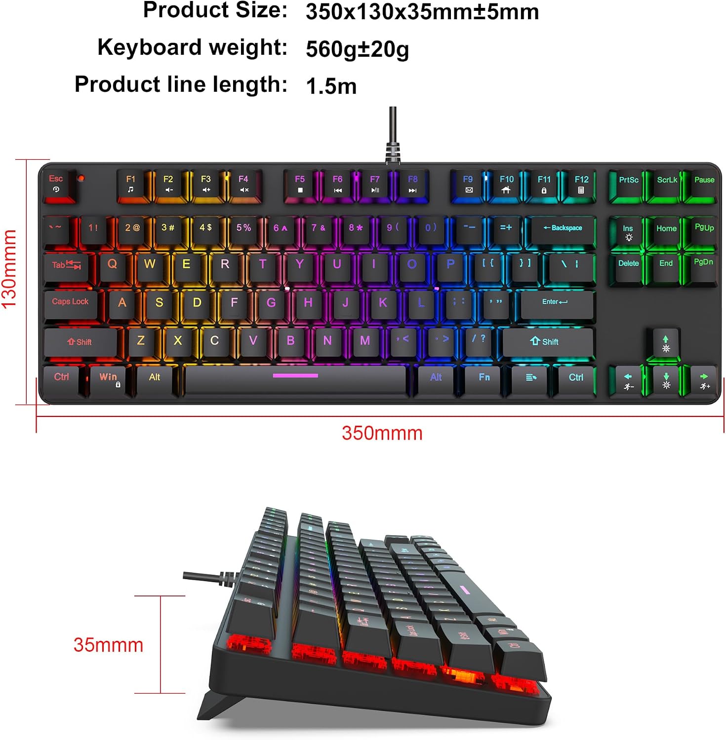 Gaming Mechanical Keyboard, Ergonomic Design, 87 Keys, Multiple Backlight Effects, 1.5m Cable,USB-A Connector Cable, Rich Shortcut Keys - Image 9