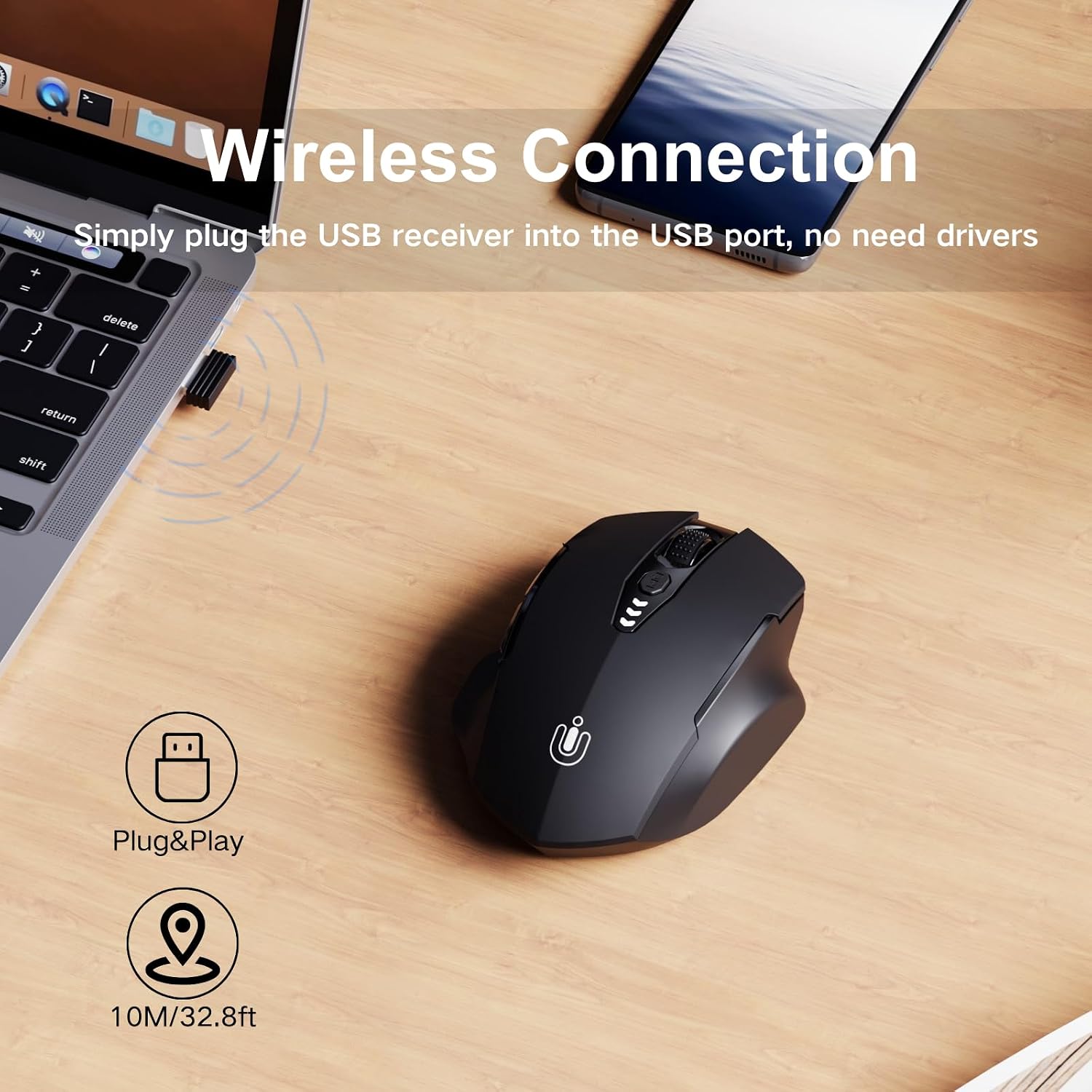Uineer Wireless Mouse, 2.4GHz Rechargeable Computer Mouse, Battery Display - Image 3