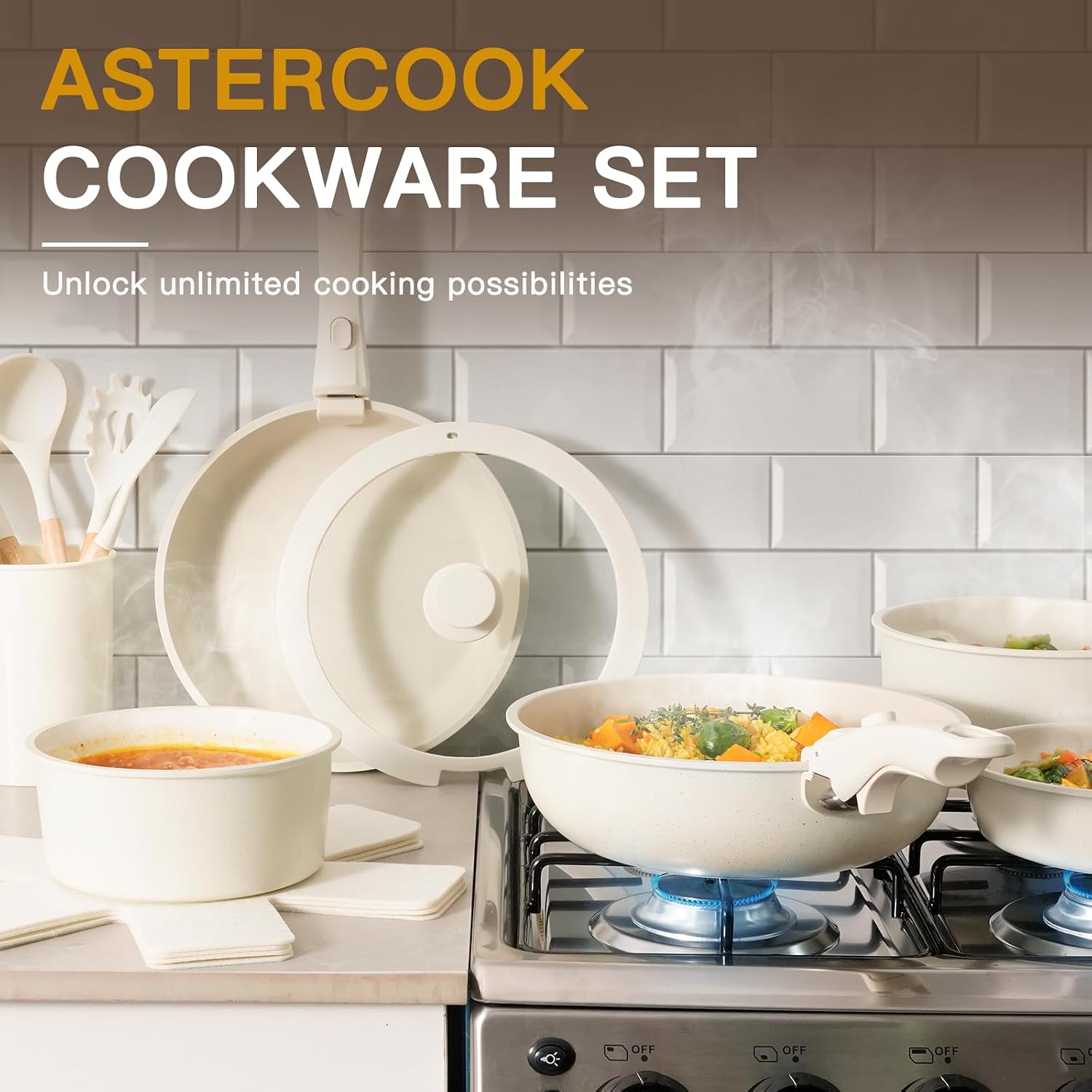 Astercook 21 Pcs Pots and Pans Set Non Stick, Ceramic Cookware Set Detachable Handle, RV Kitchen Cooking Set Removable Handles, Oven Safe, Induction Ready, Stackable, Cream, Fathers Day Gift for Men - Image 5