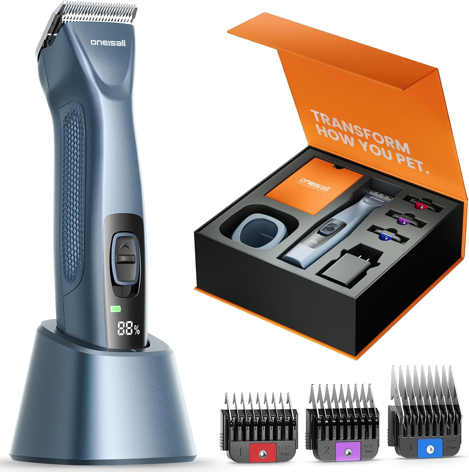 oneisall Professional Dog Clippers for Grooming Thick Hair Cordles | A5 Blade, 3700SPM 2-Speed, 2600mAh Swappable Battery, Low Noise, Metal Guide Combs, for Medium Large Dog Curly Matted Hair