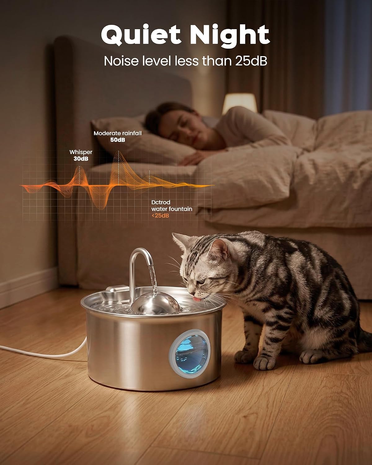 Cat Water Fountain Stainless Steel: Pet Water Fountains for Cats Indoor - 88oz/2.6L Cat Fountains for Drinking - Quiet Hemispherical Shape - Automatic Pet Fountain Bowl Dispenser- Small Animals - Image 3