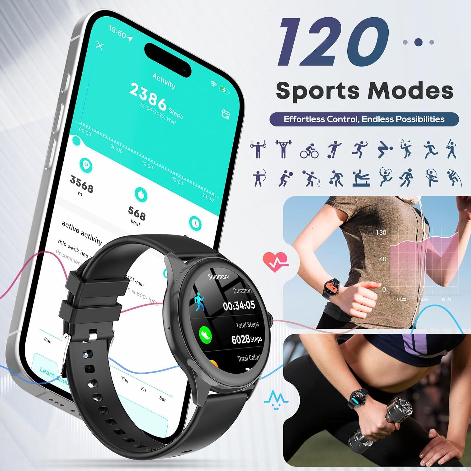 Smart Watch for Men, 1.39" HD Touchscreen Smartwatch with 120 Sports Modes, AI Voice Assistant, Heart Rate/Sleep Monitor, Bluetooth Call & Music Control Fitness Watch for iPhone/Android (Black) - Image 4