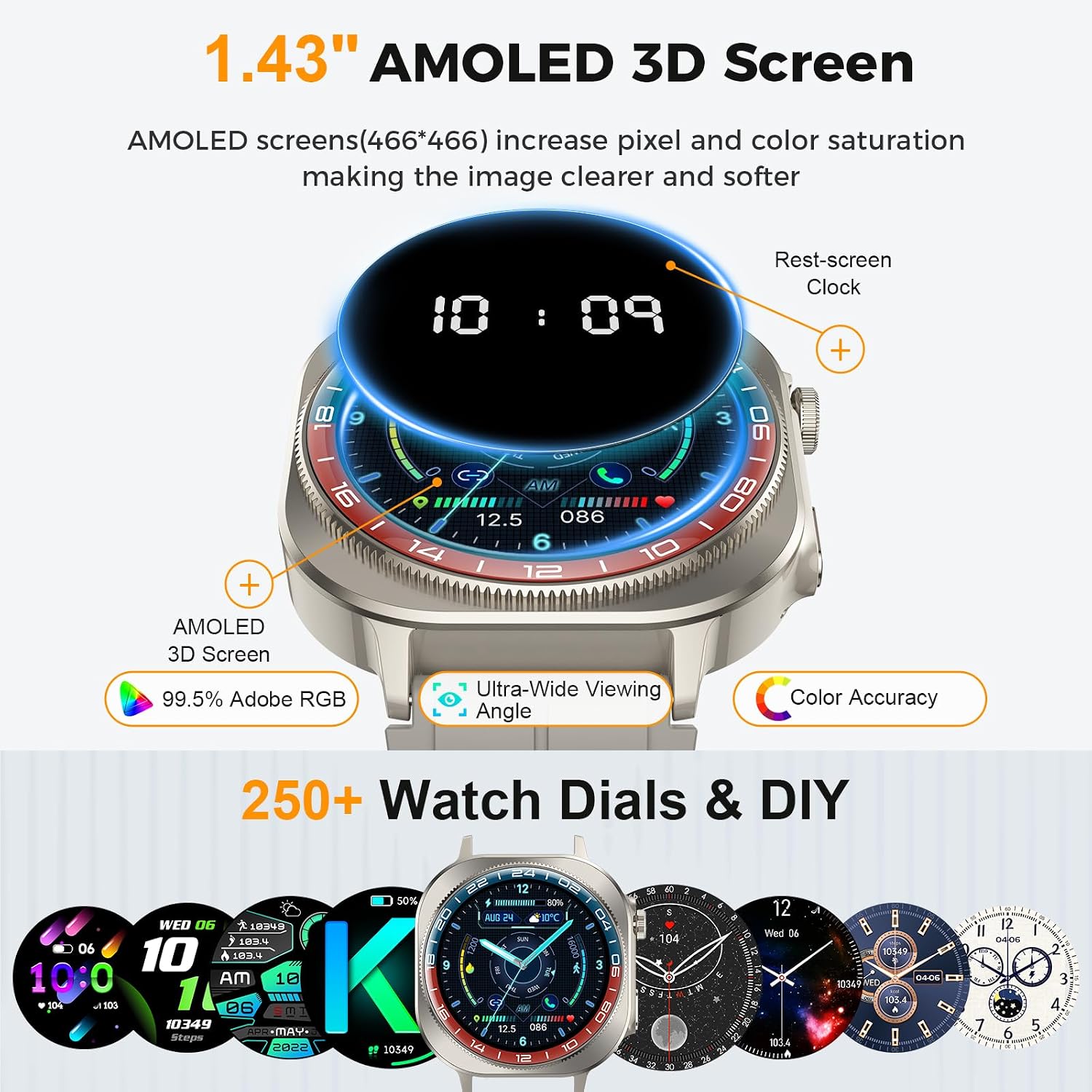 Smart Watch, 1.43" Bluetooth 5.4 Call Military Smartwatch for Men Women, 130+ Sports Modes, 60+Days Flashlight, 24/7 Heart Rate/Sleep Monitor, IP68 Waterproof Fitness Watch Tracker for Android iOS - Image 4