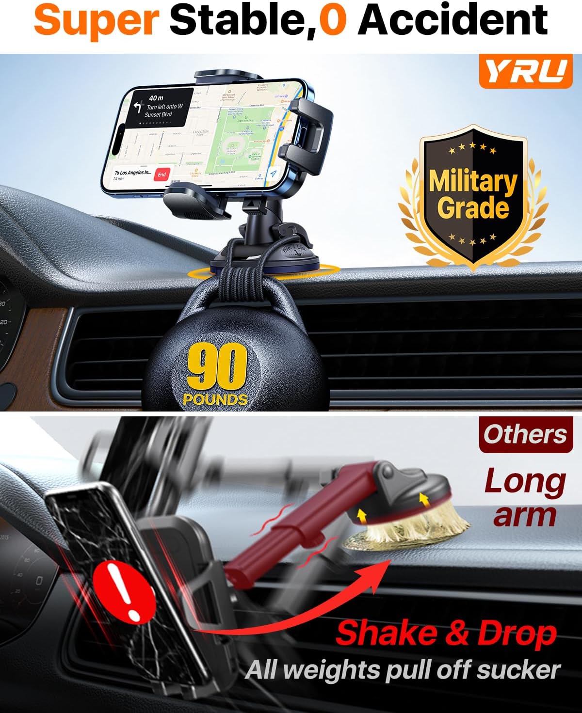 YRU 90+LBS Military-Grade Anti-Shake 2026 Upgraded Car Phone Holder Mount - Image 4