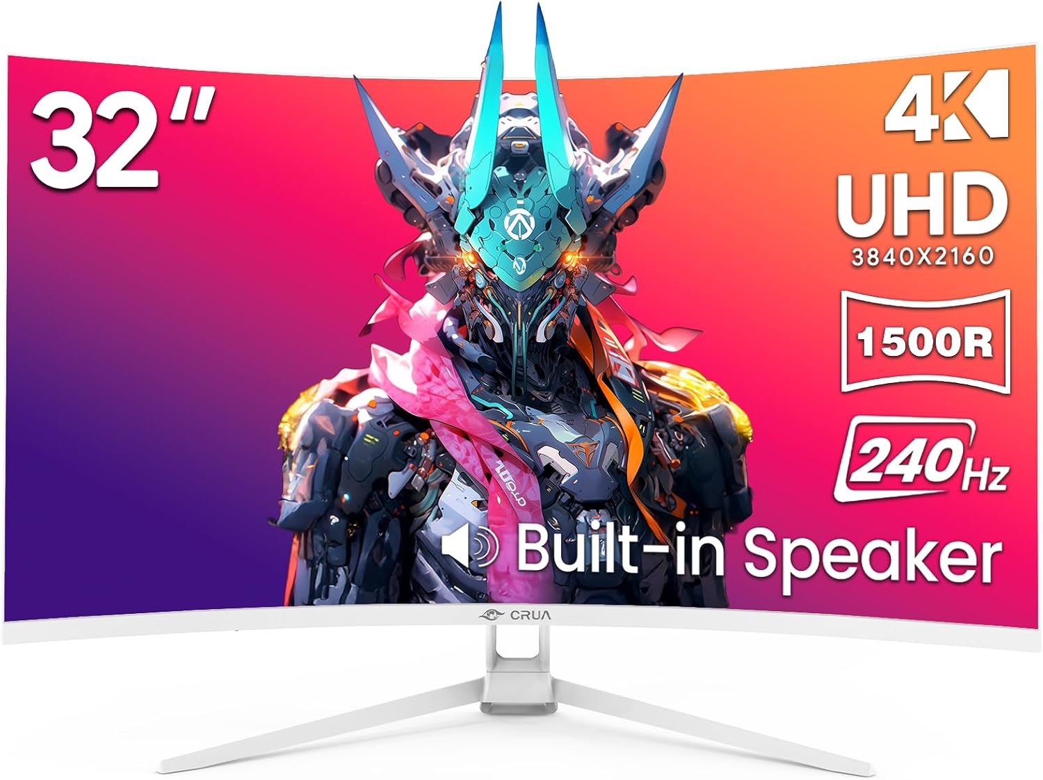 CRUA 32" 4K 240Hz Curved Gaming Monitor, 1500R, FreeSync, Speakers, White | UHD 3840x2160 16:9 VA, 120%sRGB, HDMI2.1/DP1.4, 75x75mm Wall Mount for PC Gaming, Movies, Streaming, Editing and Multitasking - Image 2