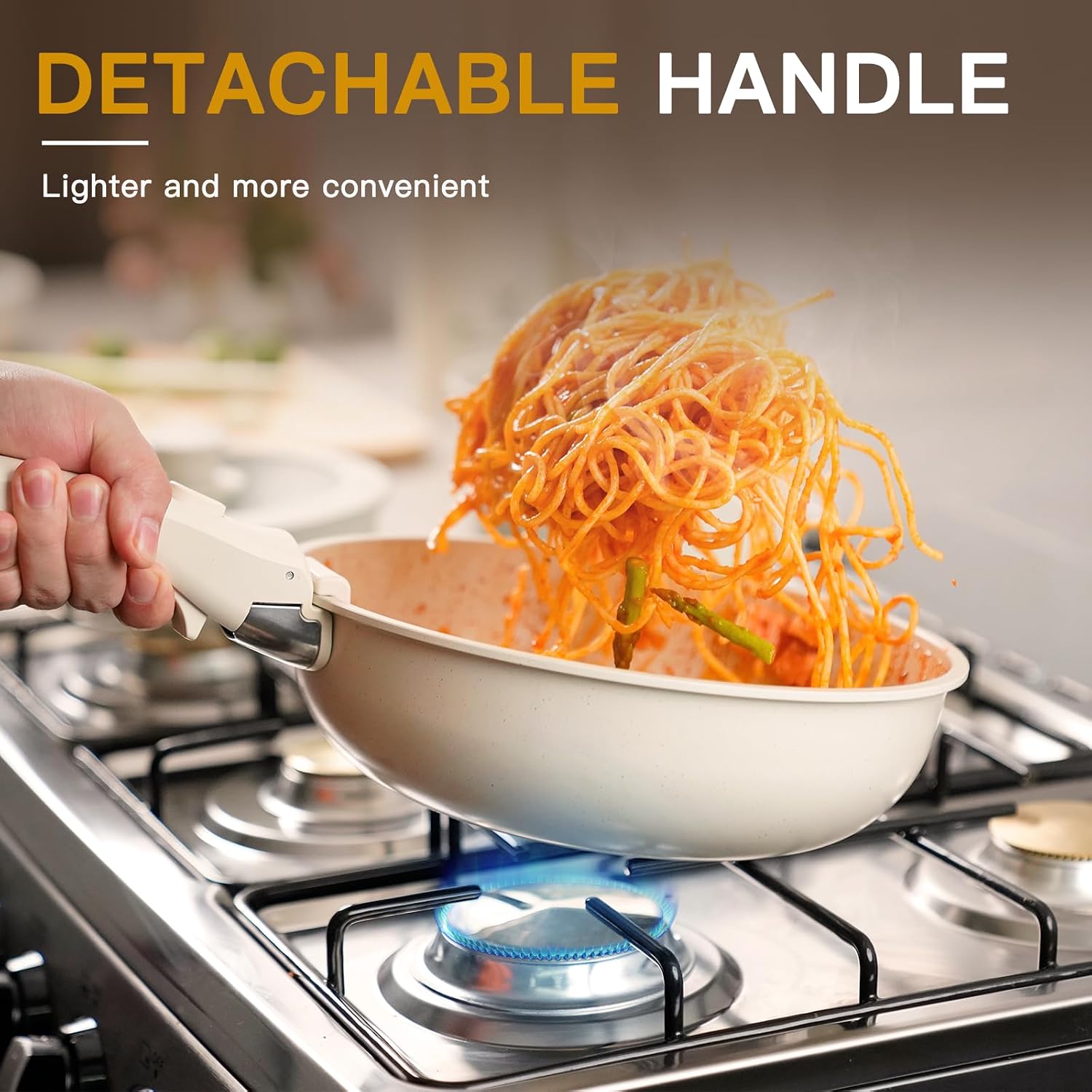 Astercook 21 Pcs Pots and Pans Set Non Stick, Ceramic Cookware Set Detachable Handle, RV Kitchen Cooking Set Removable Handles, Oven Safe, Induction Ready, Stackable, Cream, Fathers Day Gift for Men - Image 3