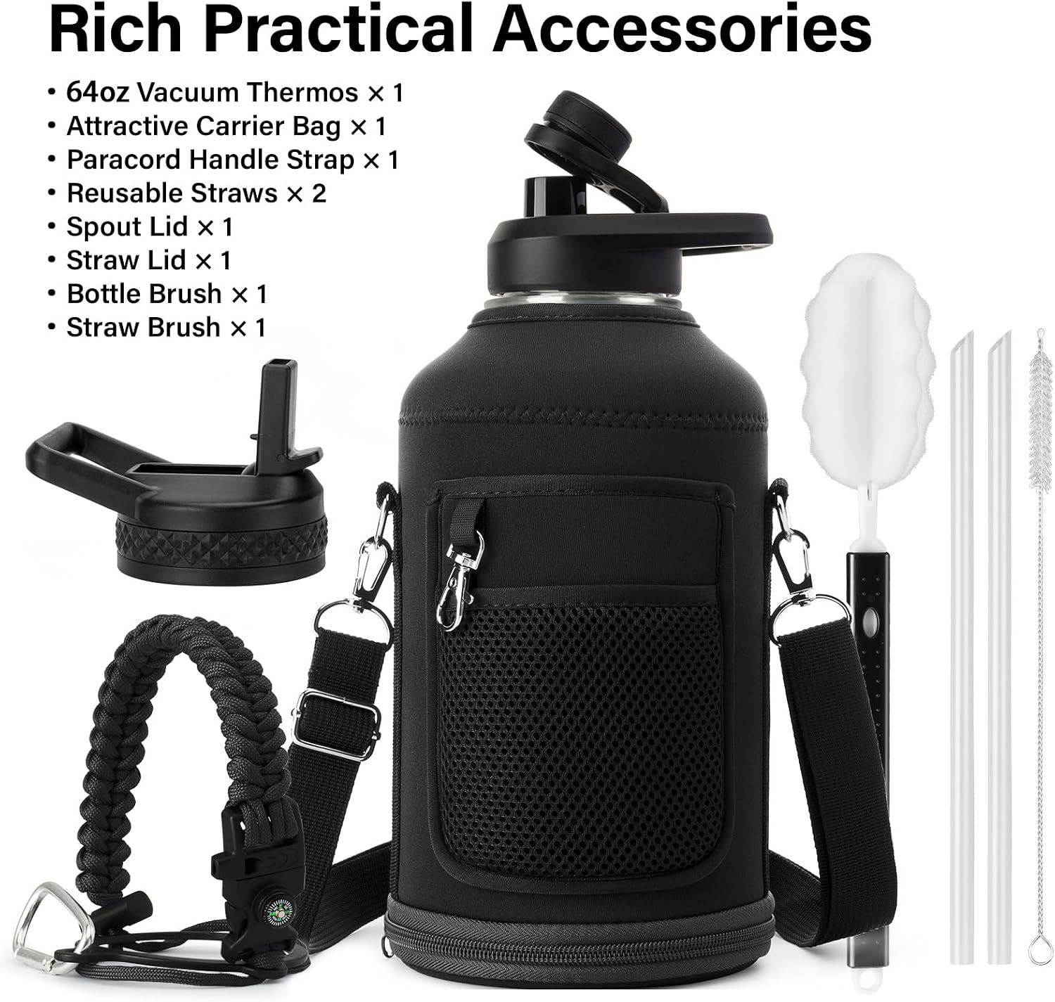 DYSANKY Insulated Water Bottle | Thickened Stainless Steel Vacuum Metal | Portable Sports Half Gallon Large Water Jug for Gym and Hiking with Straw, Carrier Bag, Handle Strap | BPA-Free 64 oz - Image 2