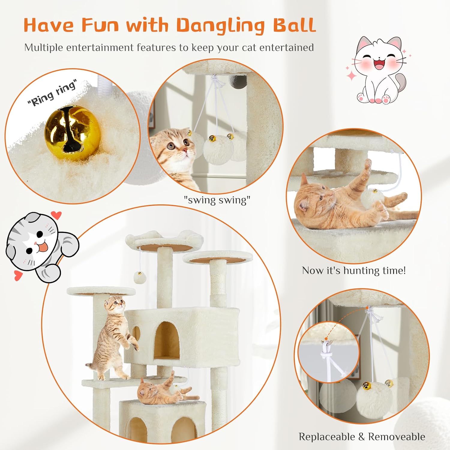 Sweetcrispy 54-inch Cat Tree Tower with Scratching Posts, Indoor Use | Multi-Level Indoor Cat Tree Condo with Climbing Ladder, Plush Toy, Play House for Kitten, Beige - Image 2