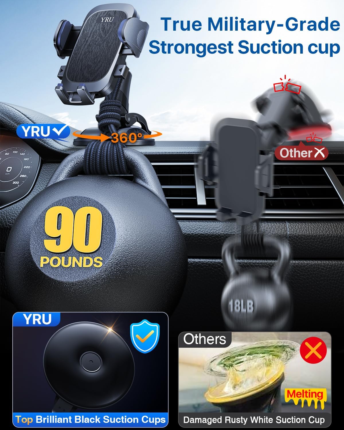 YRU 90+LBS Military-Grade Anti-Shake 2026 Upgraded Car Phone Holder Mount - Image 3