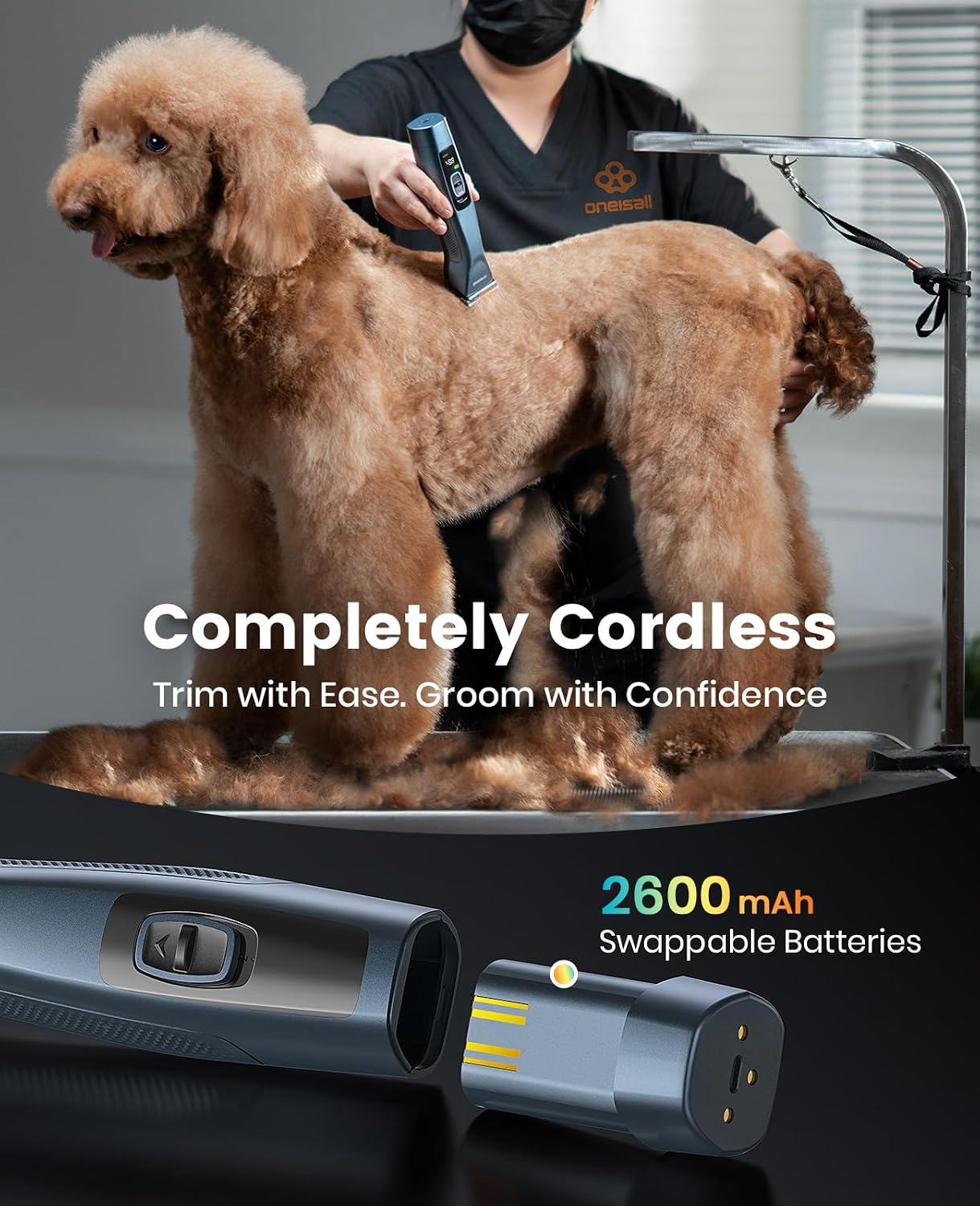 oneisall Professional Dog Clippers for Grooming Thick Hair Cordles | A5 Blade, 3700SPM 2-Speed, 2600mAh Swappable Battery, Low Noise, Metal Guide Combs, for Medium Large Dog Curly Matted Hair - Image 7
