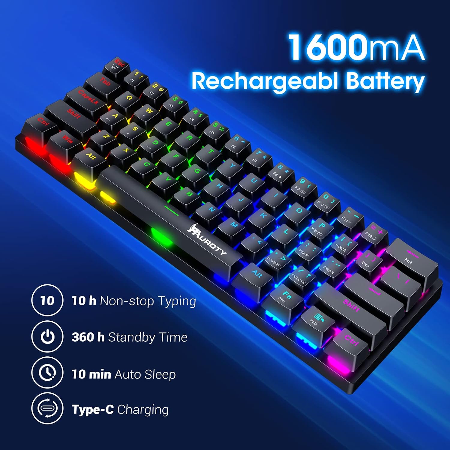 60% Wireless Mechanical Gaming Keyboard, Clicky Blue Switch RGB Backlit - Image 5