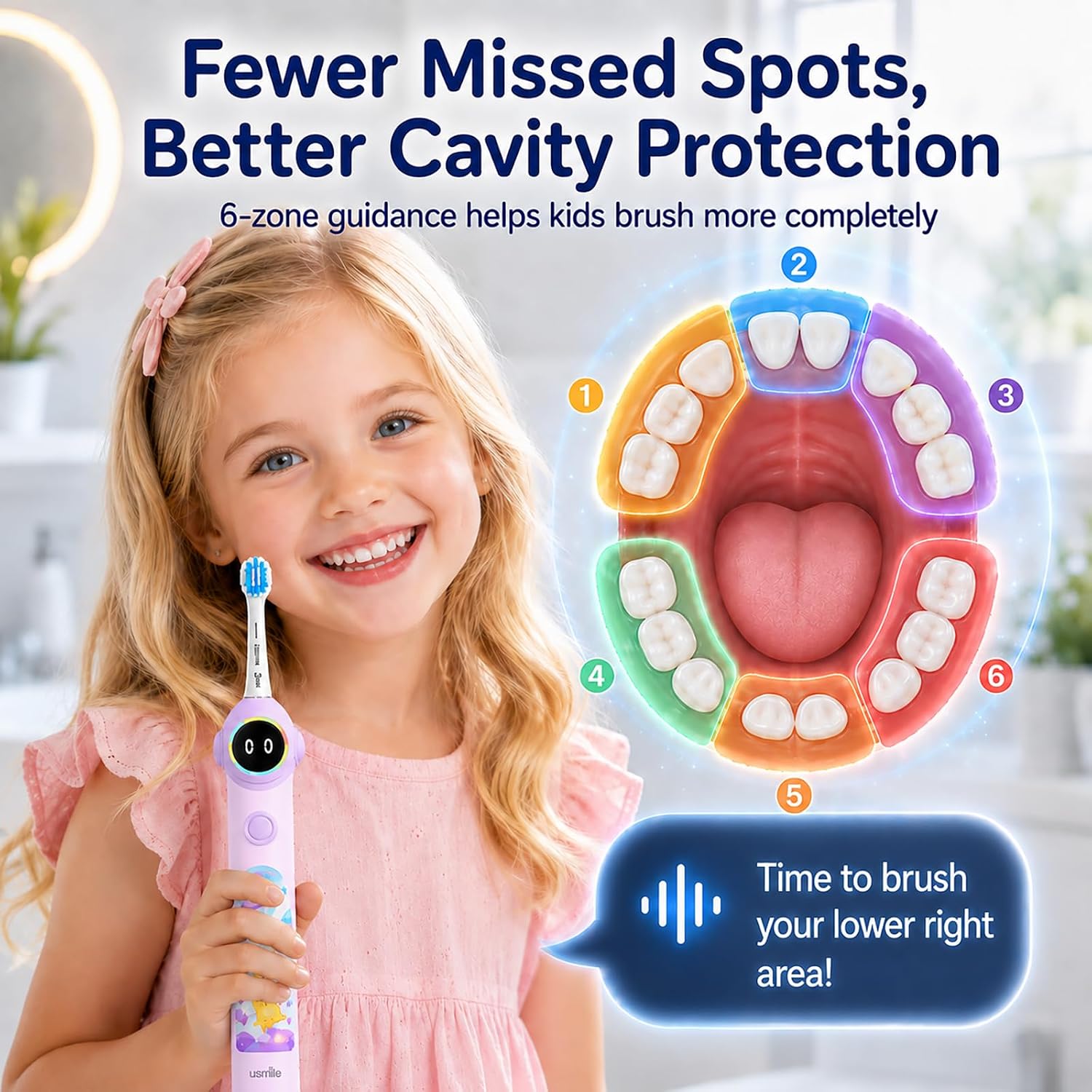 usmile Q30 Kids Smart Toothbrush, Voice-Guided Coaching, Ages 3-8 (Purple) | Missed Spot Alerts, Parent App Reports, AI Voice Guide, Fun Music Timer, Gentle Bristles, 90-Day Battery Life - Image 4
