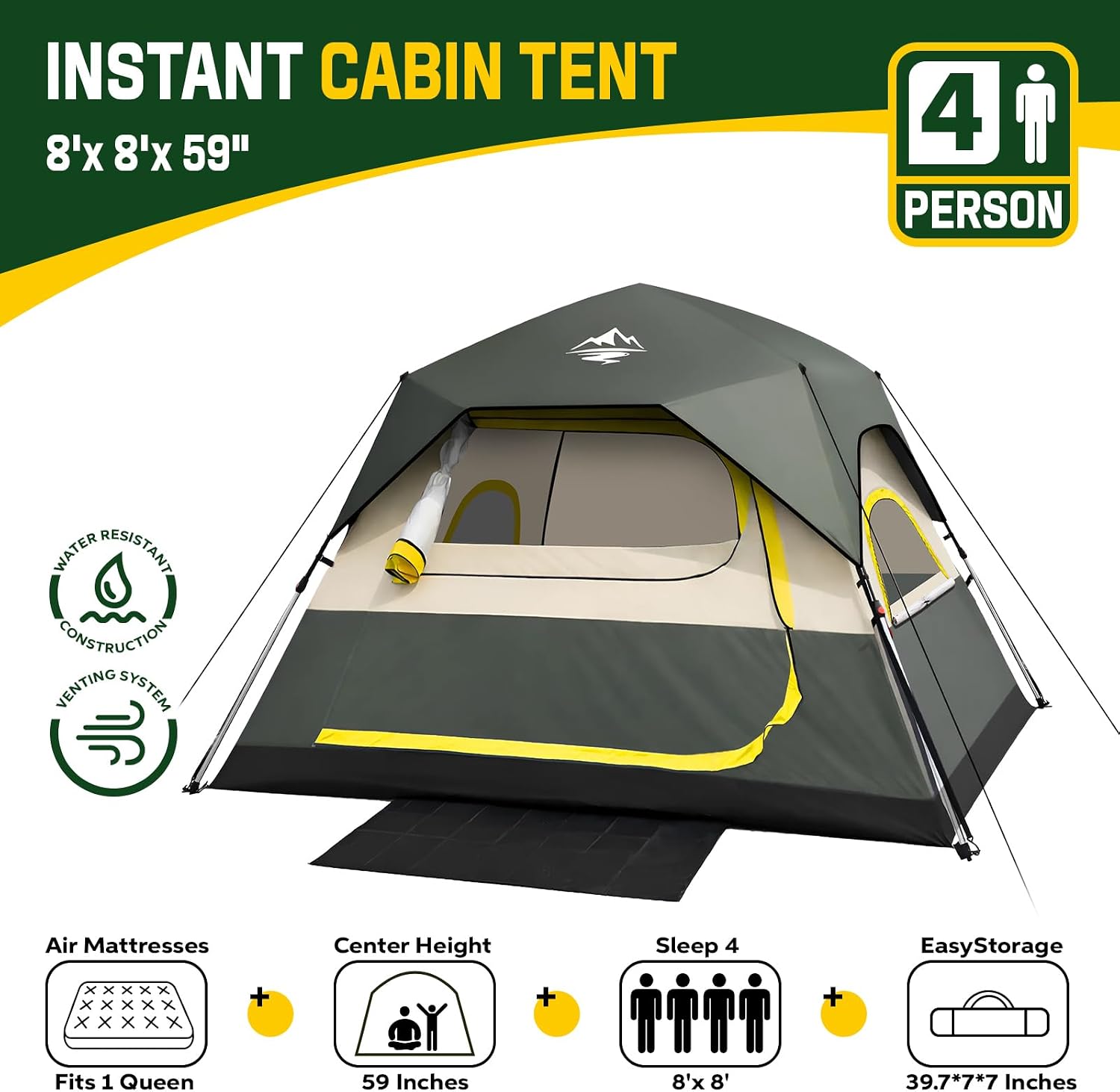 4 Person Instant Tents for Camping Setup in 50s, Cabin Tent with Rainfly - Image 7