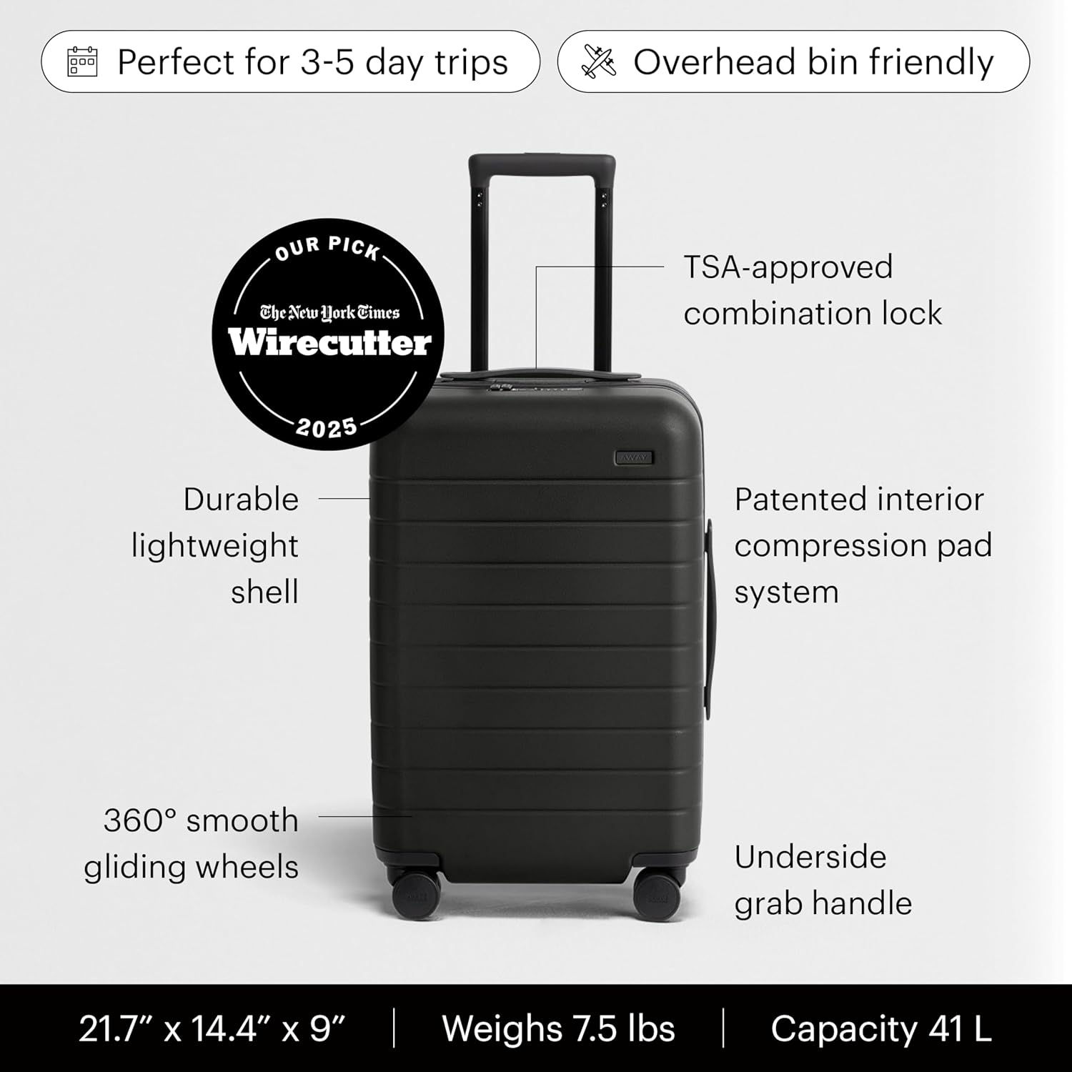 Away The Carry-On Luggage, 22-inch Lightweight Hardside Spinner Suitcase | Durable & Lightweight, Premium 360° Spinner Wheels, Interior Compression System, TSA-Approved Lock, Jet Black - Image 2
