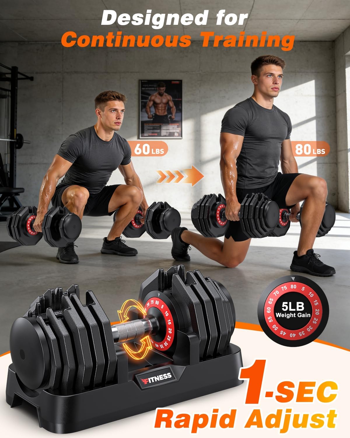 Rendpas Adjustable Dumbbell Set, Quick Adjust Free Weights for Home Gym | 25/55/80LB Weight Dumbbells w/Non-slip Grip, Dual-lock Safety, Space-saving Design for Strength Training - Image 4