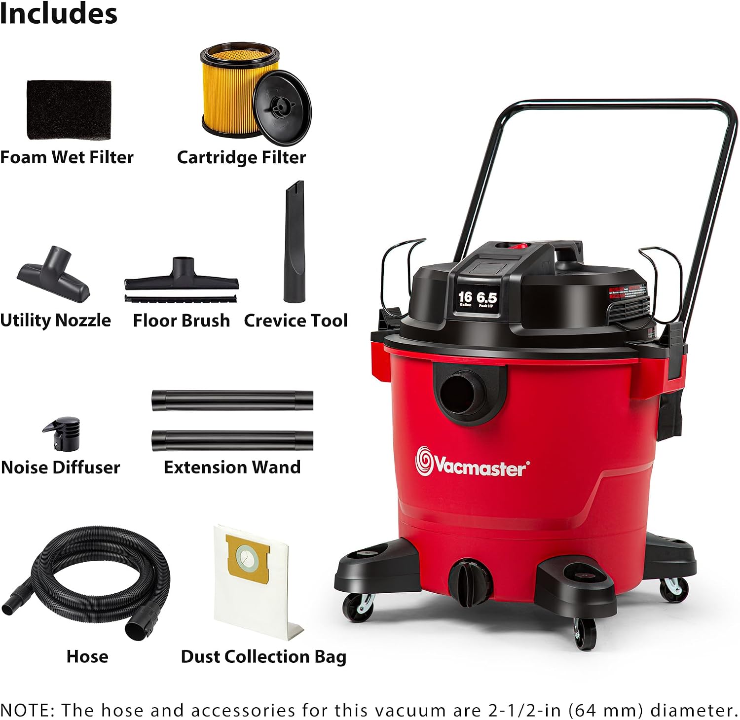 Vacmaster VJH1612PF 1101 16 Gal 6.5 Peak HP† Heavy-Duty Wet/Dry Vac Red - Image 2