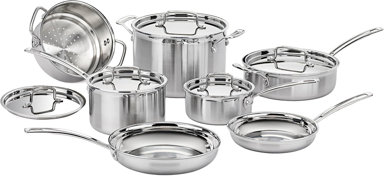 Cuisinart Stainless Steel Pots and Pans Set, Induction Compatible, 12 pc | 12-pc Cuisinart stainless steel cookware set with saucepans, sauté pan, stockpot, & skillets, oven safe to 500°F, MCPS-12N