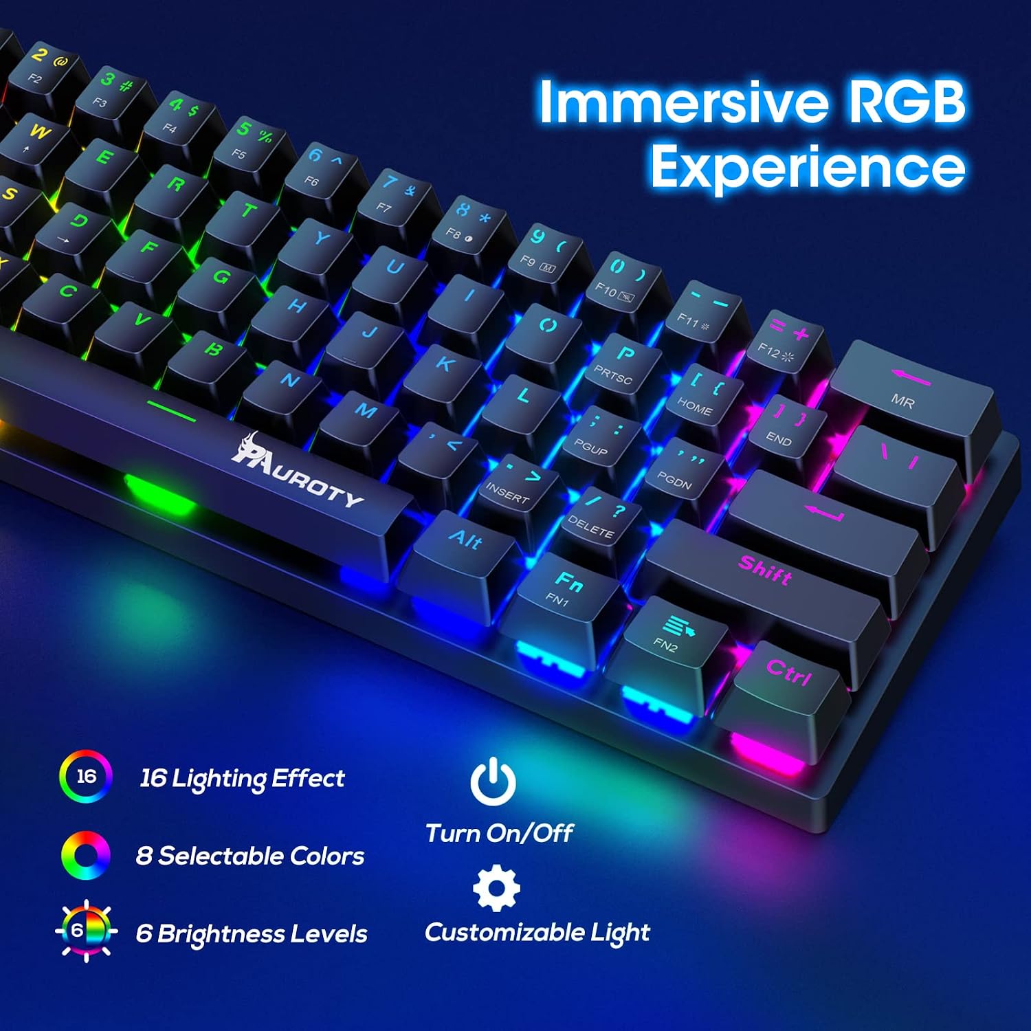 60% Wireless Mechanical Gaming Keyboard, Clicky Blue Switch RGB Backlit - Image 3