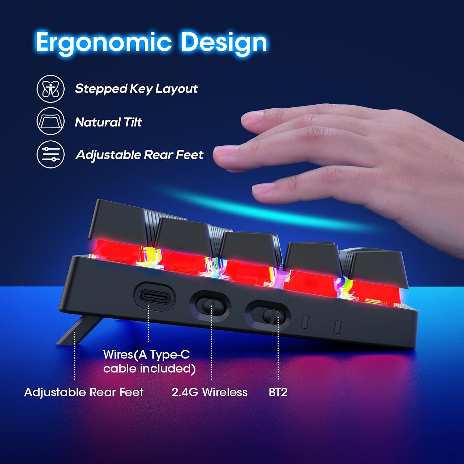 60% Wireless Mechanical Gaming Keyboard, Clicky Blue Switch RGB Backlit - Image 7