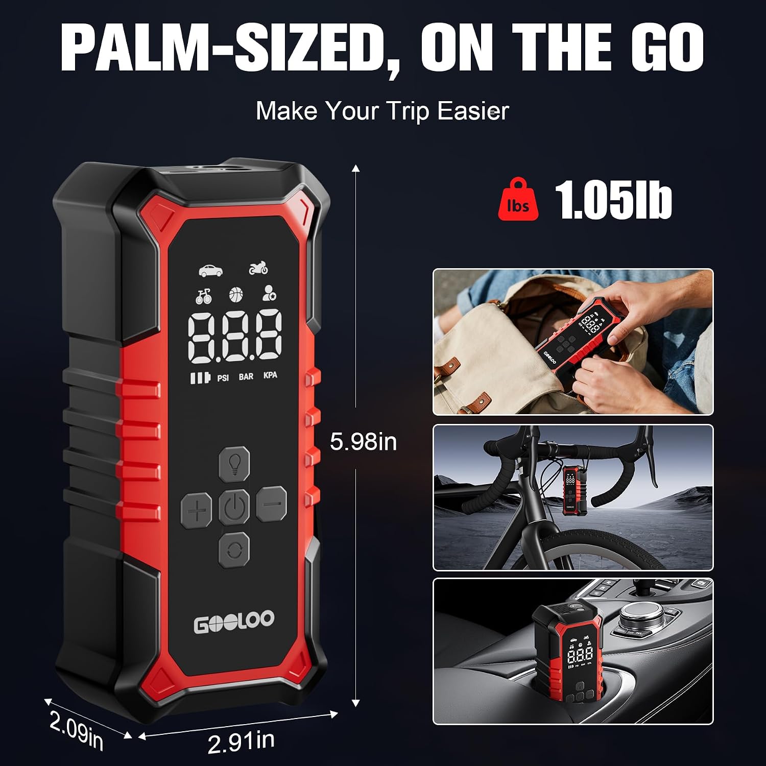 GOOLOO A6 Gear 160 PSI & 7500mAh Tire Inflator Portable Air Compressor | Cordless Tire Inflator with Digital Pressure Gauge & LED Light - 3X Faster Air Pump for Car Tires, Bike, Balls, Auto Shut-Off - Image 6