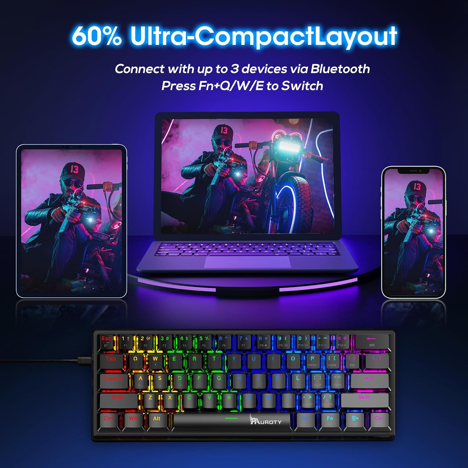 60% Wireless Mechanical Gaming Keyboard, Clicky Blue Switch RGB Backlit - Image 6