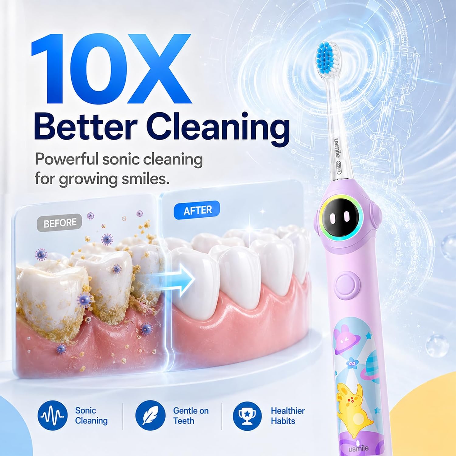 usmile Q30 Kids Smart Toothbrush, Voice-Guided Coaching, Ages 3-8 (Purple) | Missed Spot Alerts, Parent App Reports, AI Voice Guide, Fun Music Timer, Gentle Bristles, 90-Day Battery Life - Image 2