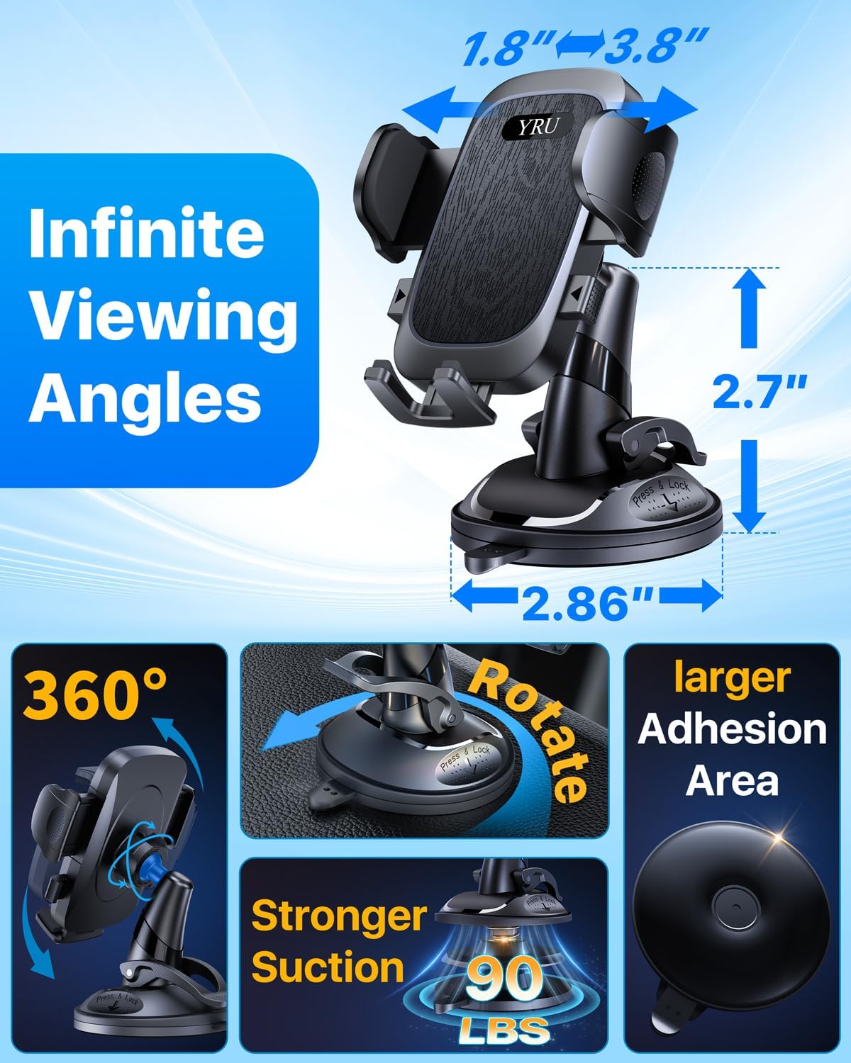 YRU 90+LBS Military-Grade Anti-Shake 2026 Upgraded Car Phone Holder Mount - Image 9