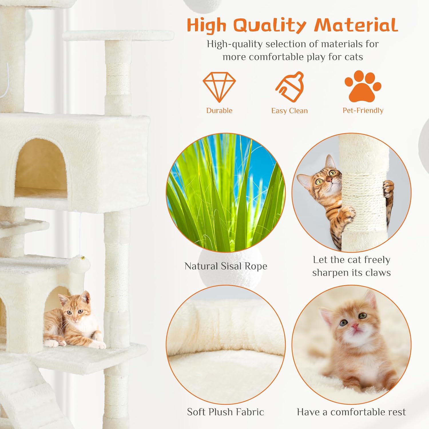 Sweetcrispy 54-inch Cat Tree Tower with Scratching Posts, Indoor Use | Multi-Level Indoor Cat Tree Condo with Climbing Ladder, Plush Toy, Play House for Kitten, Beige - Image 5