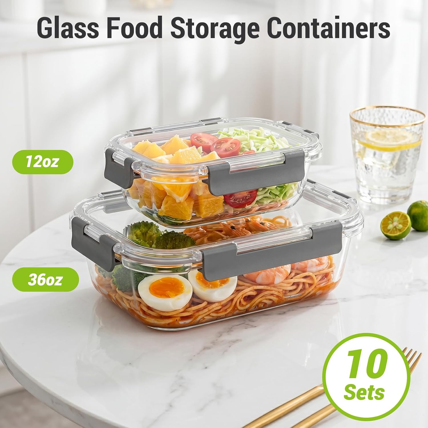 Dealusy 10 Sets 36 oz & 12 oz Glass Food Storage Containers with lids, Gray | 20-Piece Airtight Leak-proof Glass Meal Prep Containers with Lids, Microwave Oven Freezer Dishwasher Safe - Image 2
