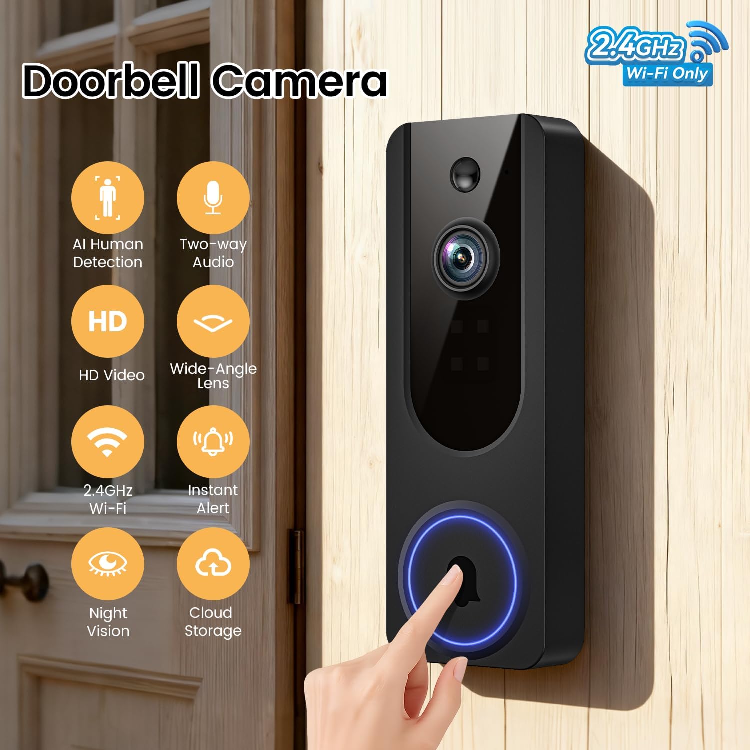 1080p WiFi Video Doorbell Camera Wireless, Battery Powered, AI Human and Motion Detection, 2 Way Talk, Night Vision, Cloud Storage, 2.4G WiFi Only, Indoor/Outdoor Surveillance - Image 2