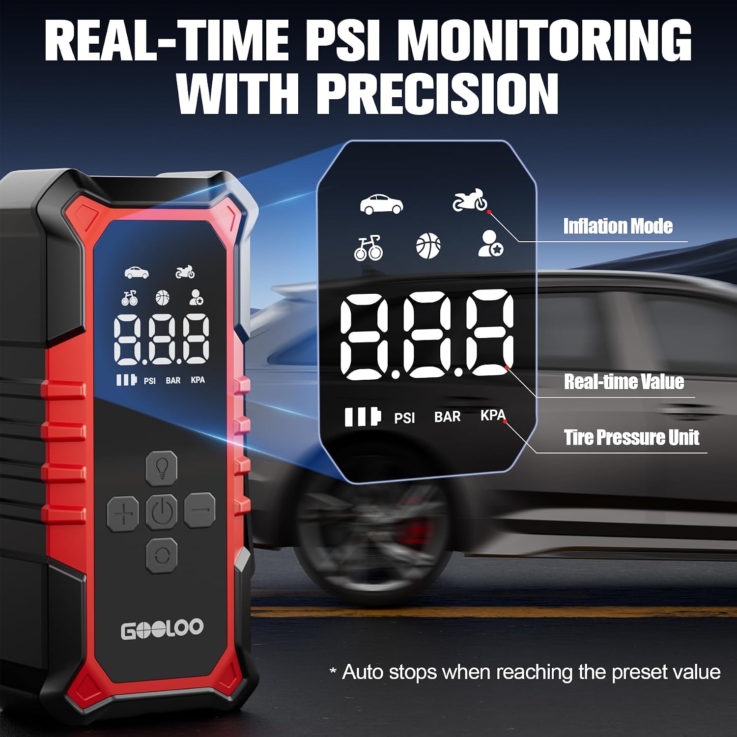 GOOLOO A6 Gear 160 PSI & 7500mAh Tire Inflator Portable Air Compressor | Cordless Tire Inflator with Digital Pressure Gauge & LED Light - 3X Faster Air Pump for Car Tires, Bike, Balls, Auto Shut-Off - Image 4