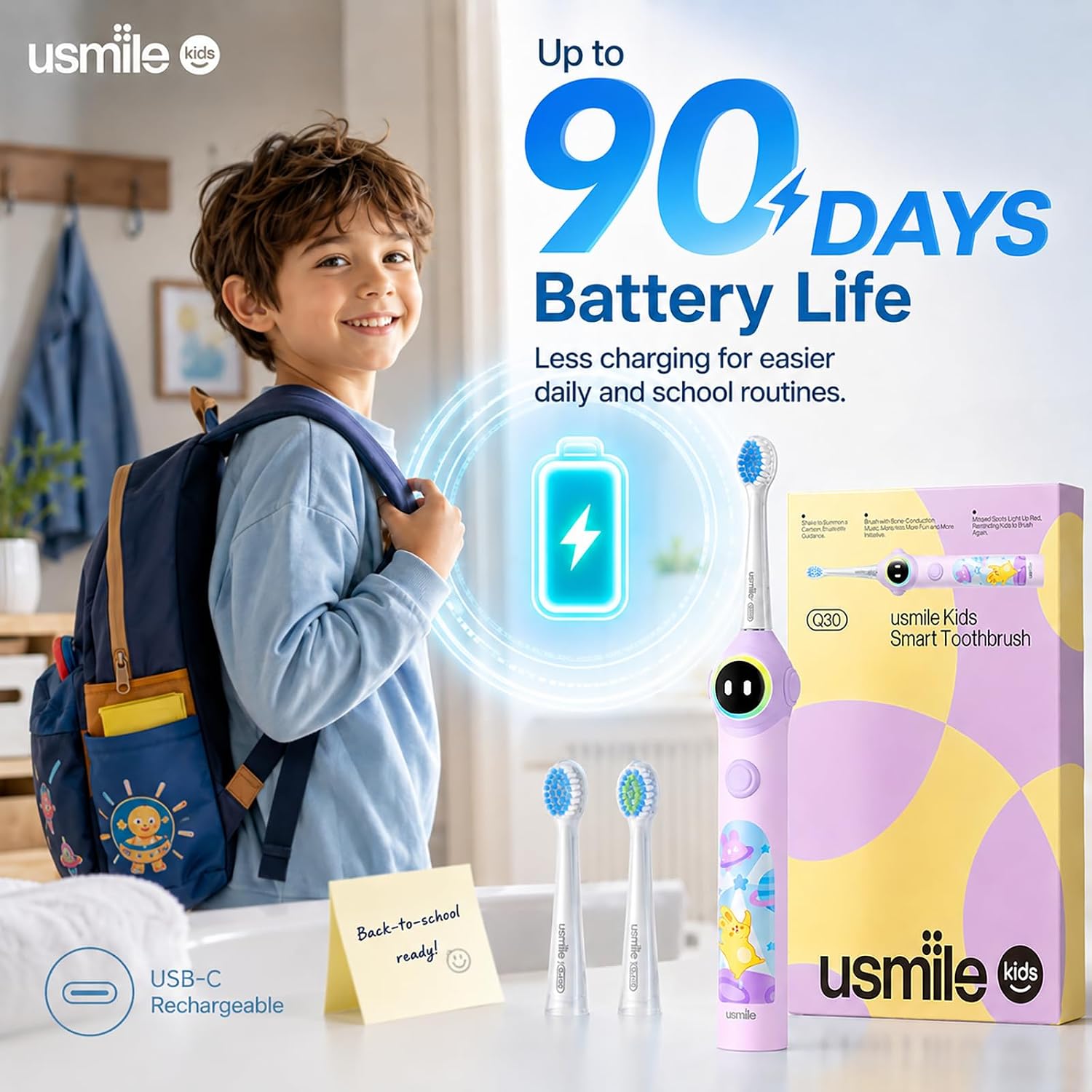 usmile Q30 Kids Smart Toothbrush, Voice-Guided Coaching, Ages 3-8 (Purple) | Missed Spot Alerts, Parent App Reports, AI Voice Guide, Fun Music Timer, Gentle Bristles, 90-Day Battery Life - Image 8
