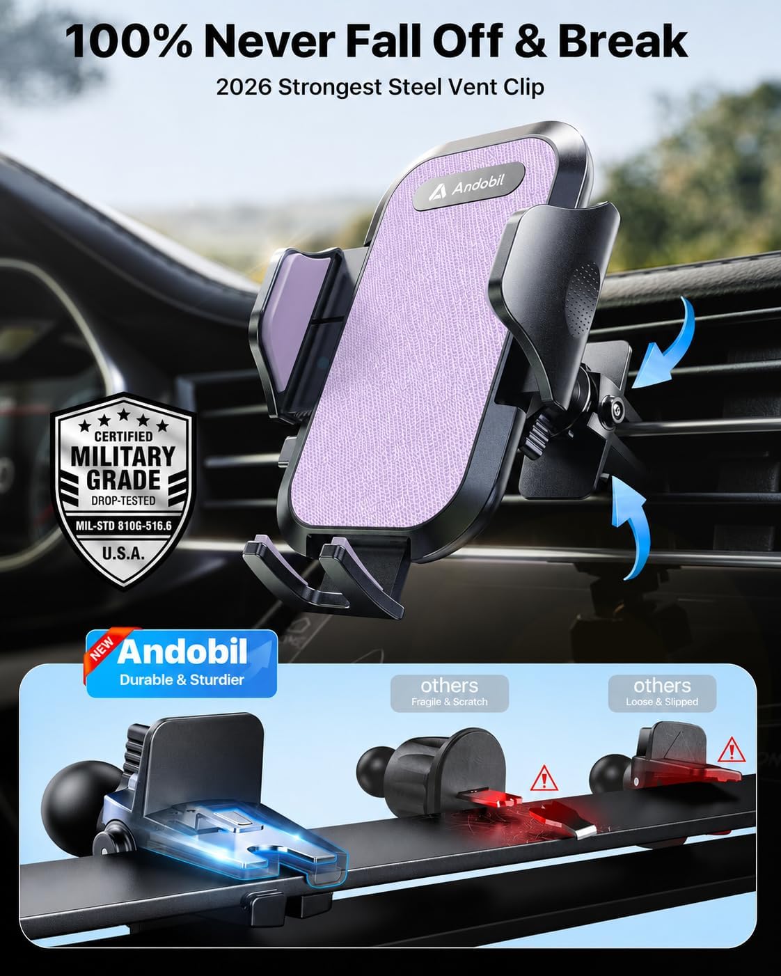 andobil 2026 Upgraded Car Phone Holder Mount, Military-Grade Phone Holders for Your Car Vent Stable Metal Clip Universal 360° Cell Phone Car Mount for iPhone 17 Pro Max 16/15/14/13/12/ Samsung, Purple - Image 2