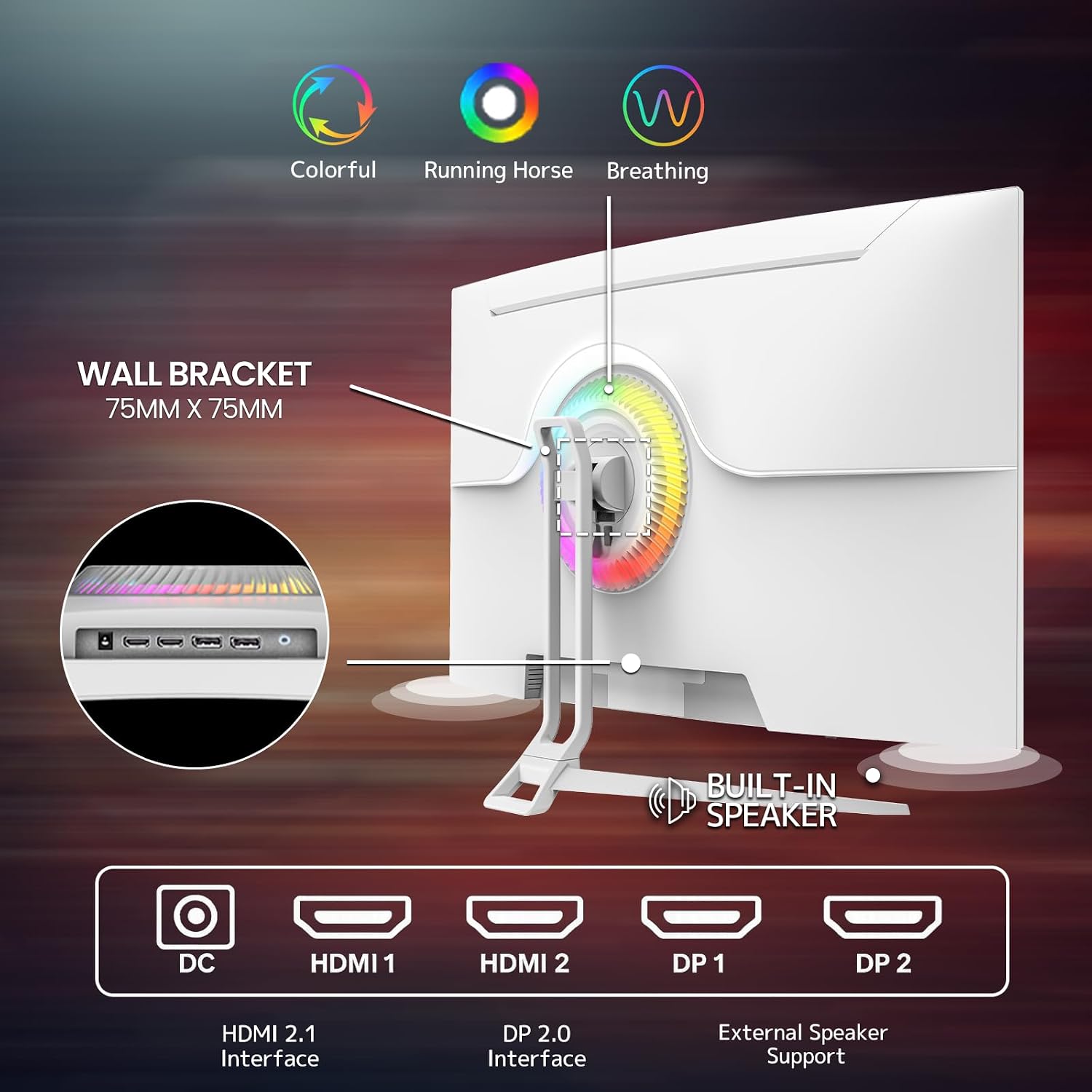 CRUA 32" 4K 240Hz Curved Gaming Monitor, 1500R, FreeSync, Speakers, White | UHD 3840x2160 16:9 VA, 120%sRGB, HDMI2.1/DP1.4, 75x75mm Wall Mount for PC Gaming, Movies, Streaming, Editing and Multitasking - Image 7
