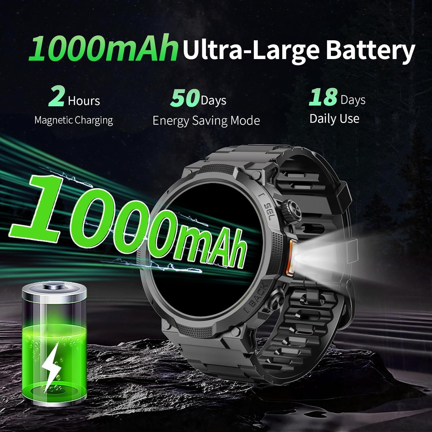 Soudorv Military Smart Watch for Men, 50+ Day Battery Life, Bluetooth Call | 1.53" HD, 110+ sports modes, heart rate/sleep monitor, IP68 waterproof, Fitness Watch with LED Flashlight for iOS/Android - Image 3