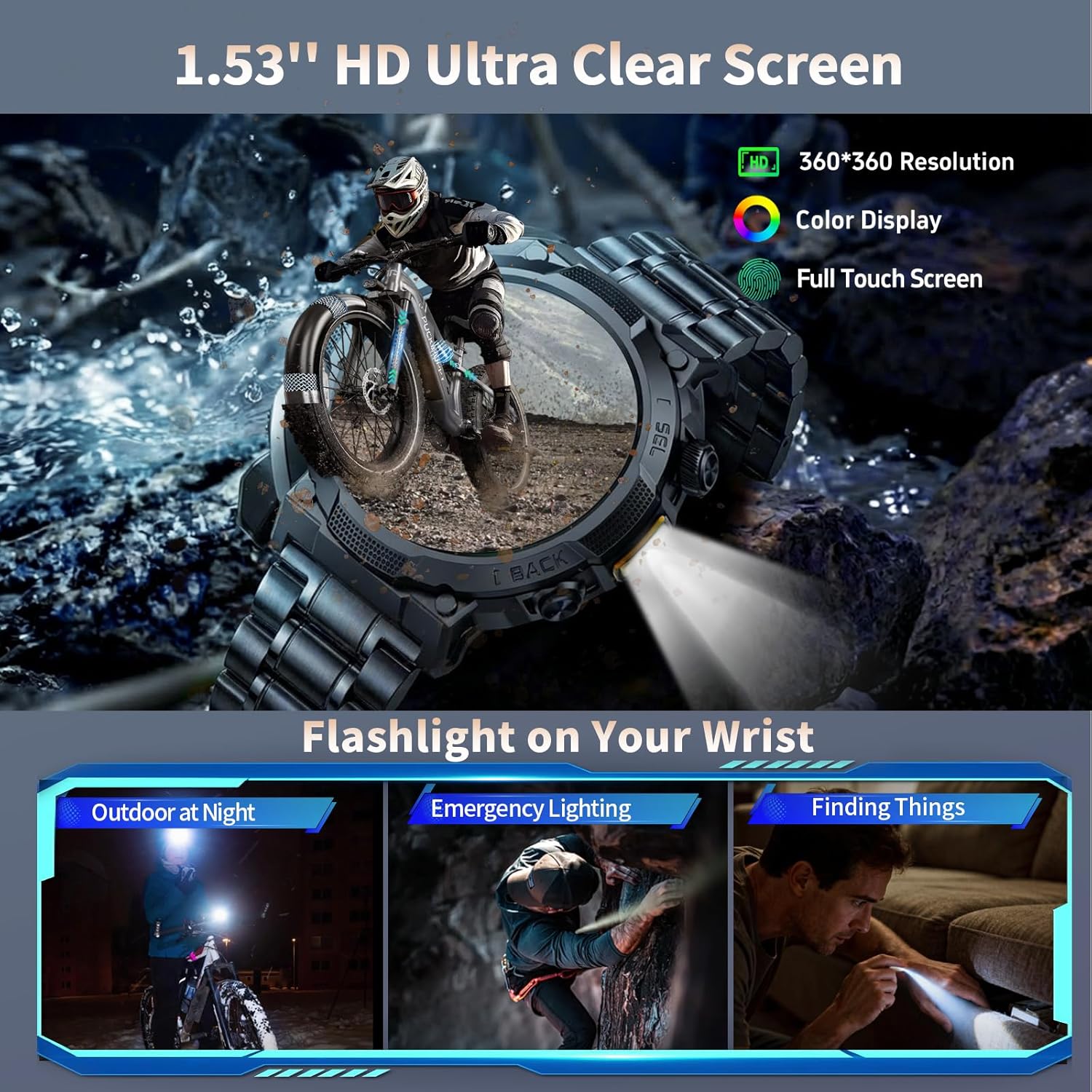 Soudorv Military Smart Watch for Men, 50+ Day Battery Life, Bluetooth Call | 1.53" HD, 110+ sports modes, heart rate/sleep monitor, IP68 waterproof, Fitness Watch with LED Flashlight for iOS/Android - Image 4