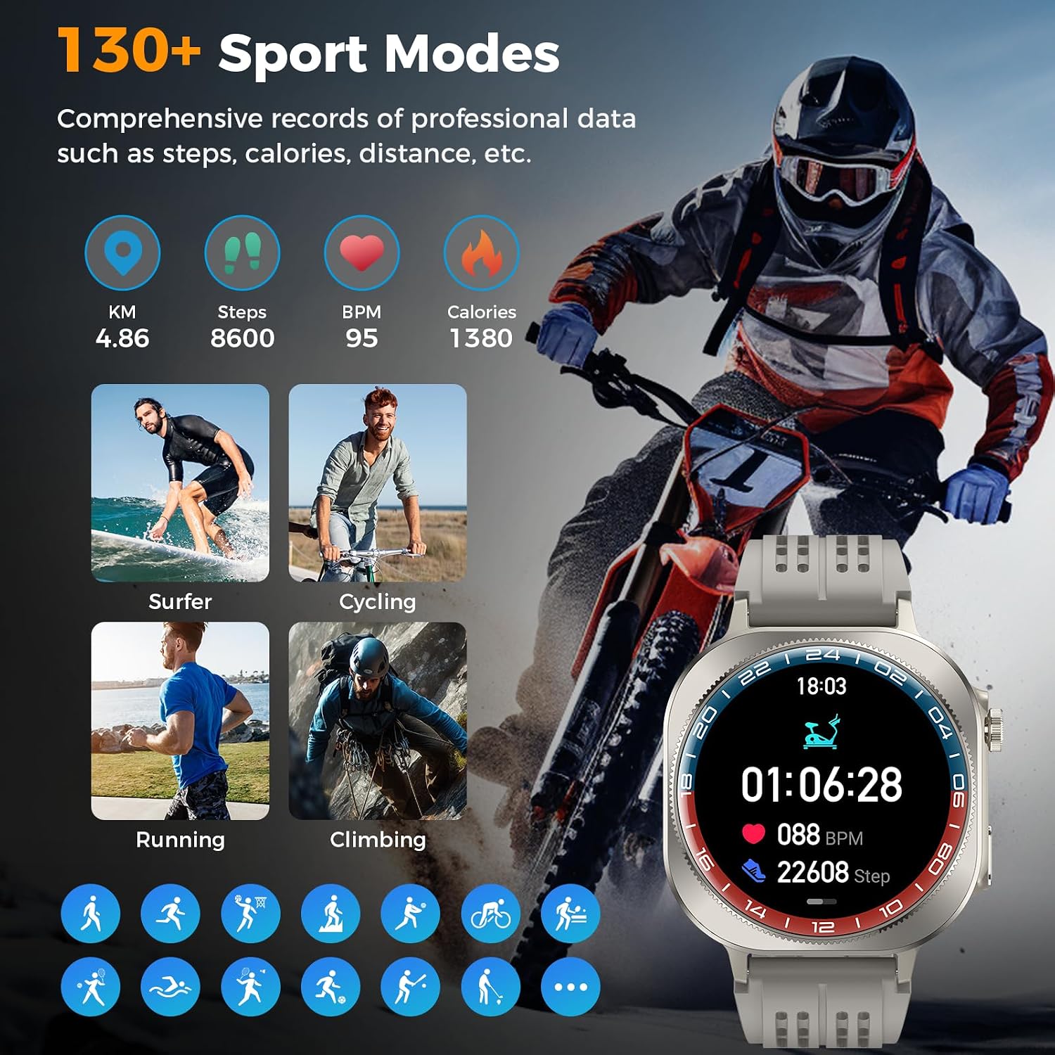 Smart Watch, 1.43" Bluetooth 5.4 Call Military Smartwatch for Men Women, 130+ Sports Modes, 60+Days Flashlight, 24/7 Heart Rate/Sleep Monitor, IP68 Waterproof Fitness Watch Tracker for Android iOS - Image 6